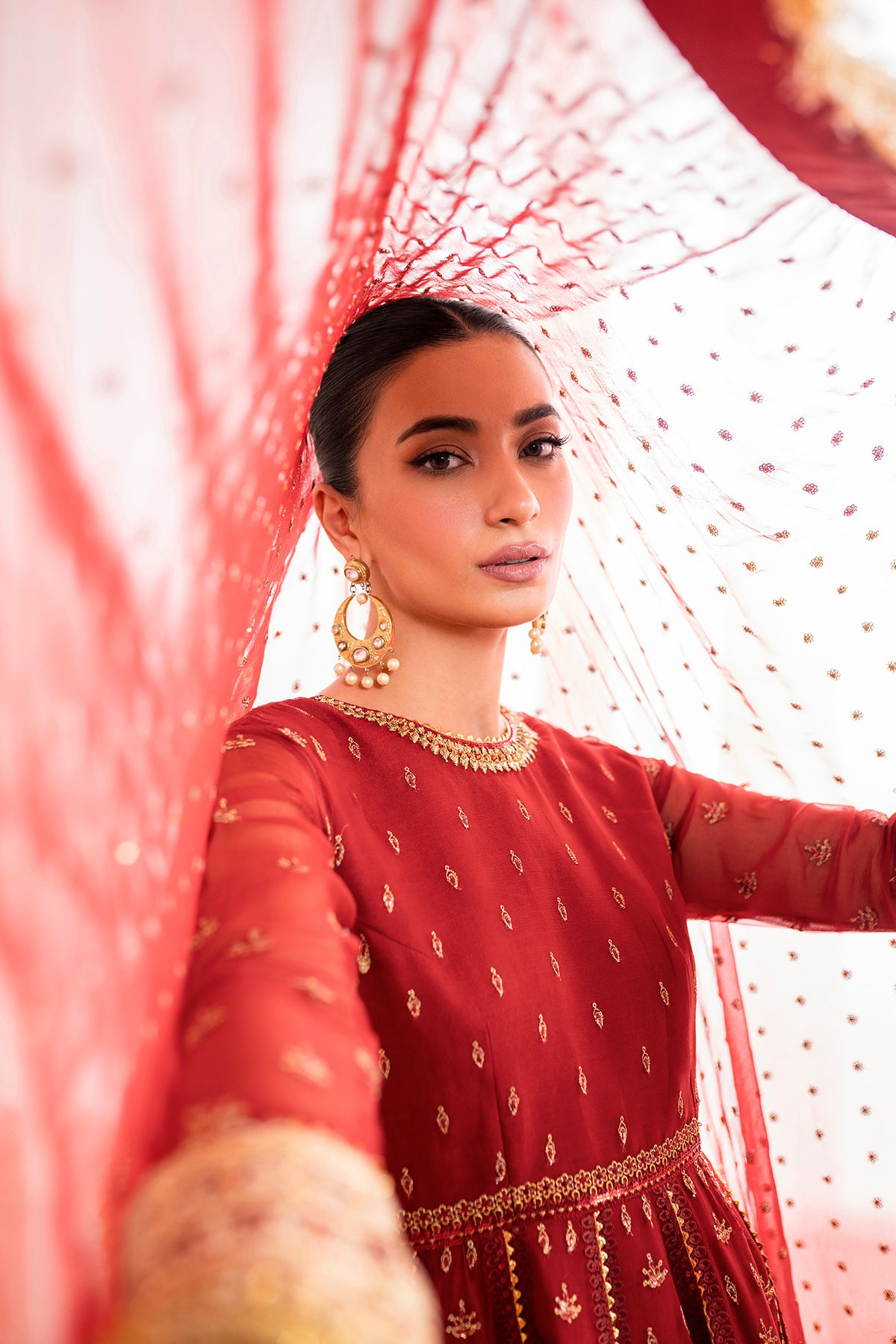 Pakistani Deep Red Embroidered Chiffon Kalidar Sharara (3-Piece) - Image 5