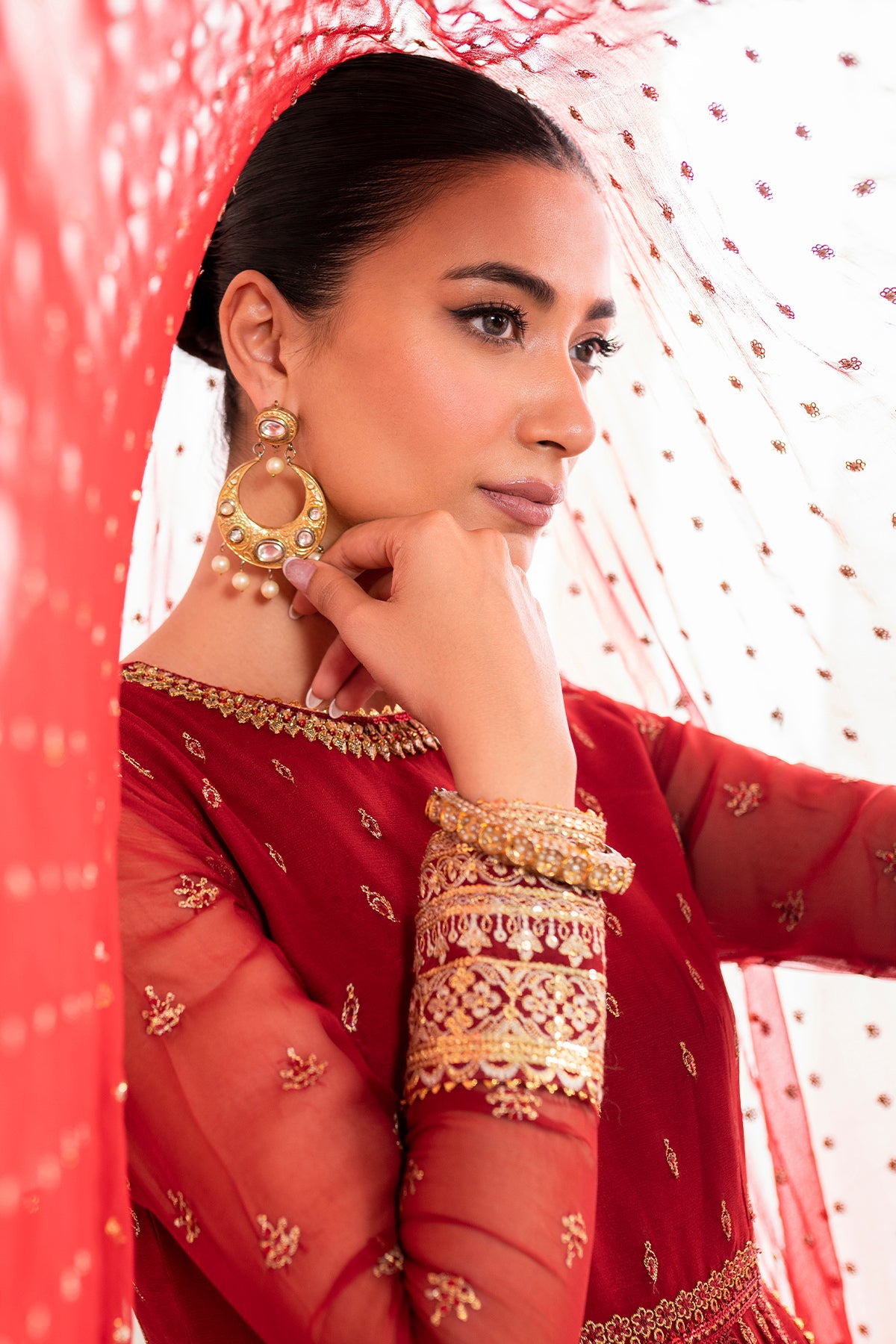 Pakistani Deep Red Embroidered Chiffon Kalidar Sharara (3-Piece) - Image 6