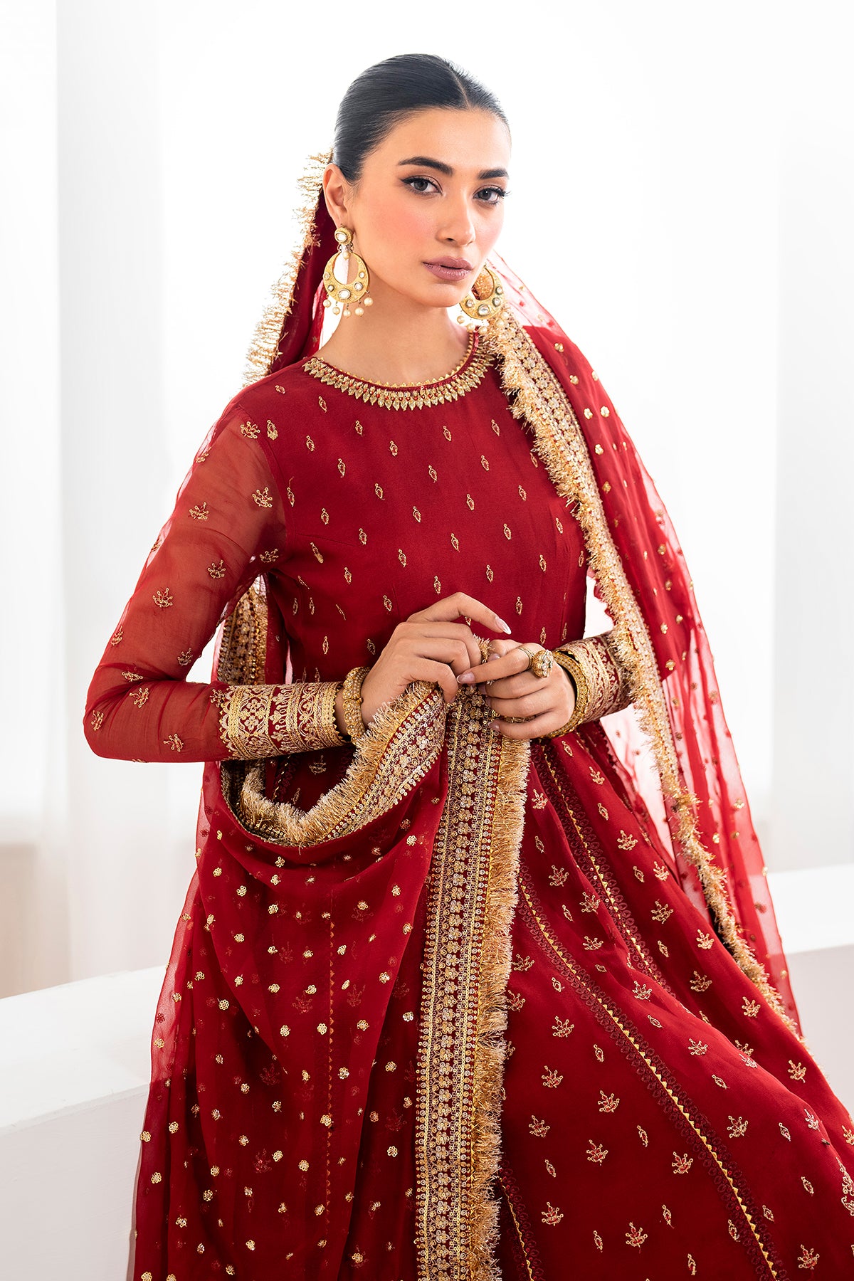 Pakistani Deep Red Embroidered Chiffon Kalidar Sharara (3-Piece) - Image 7