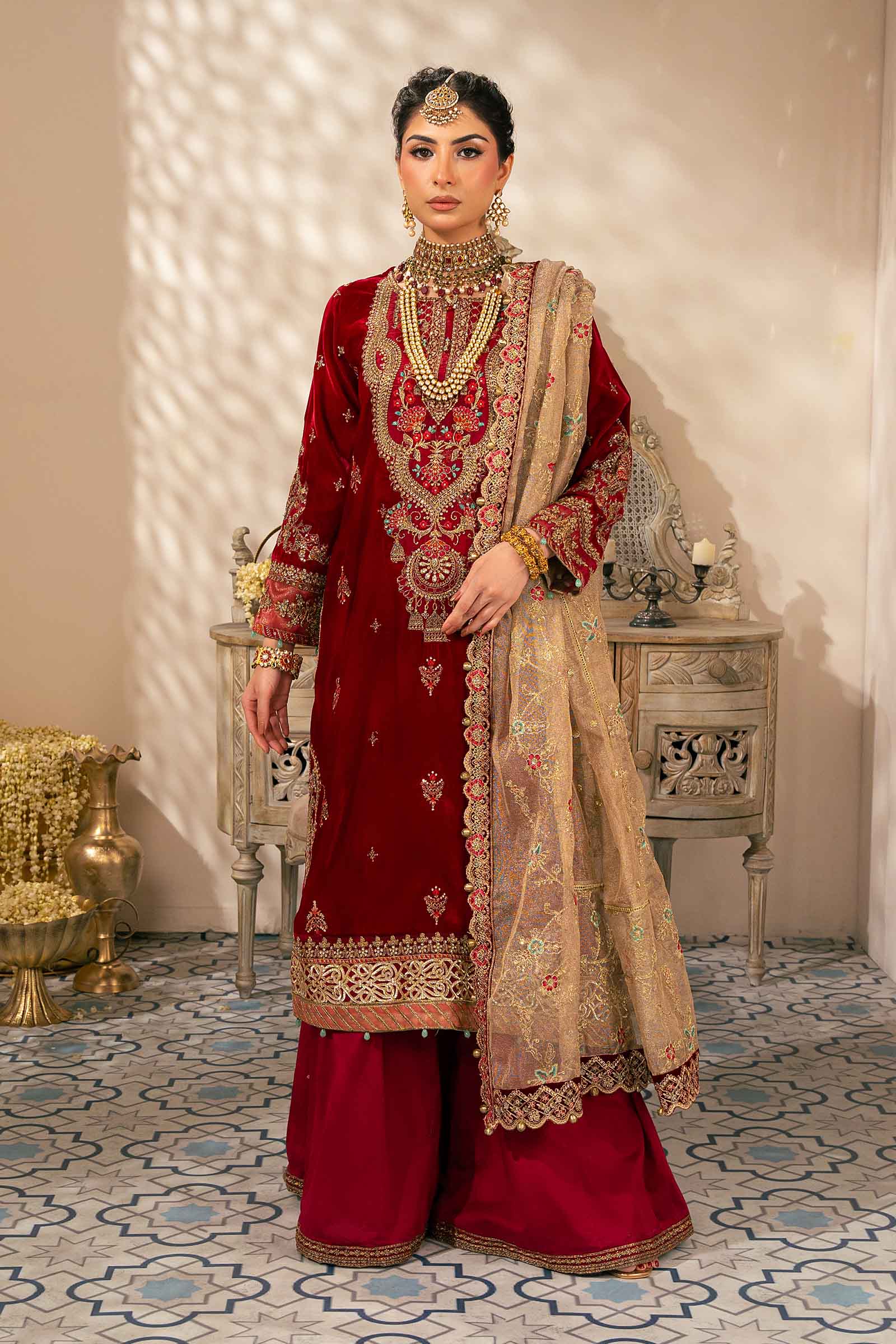 Pakistani Deep Red Embroidered Velvet Sharara Suit (3-Piece) - Image 1