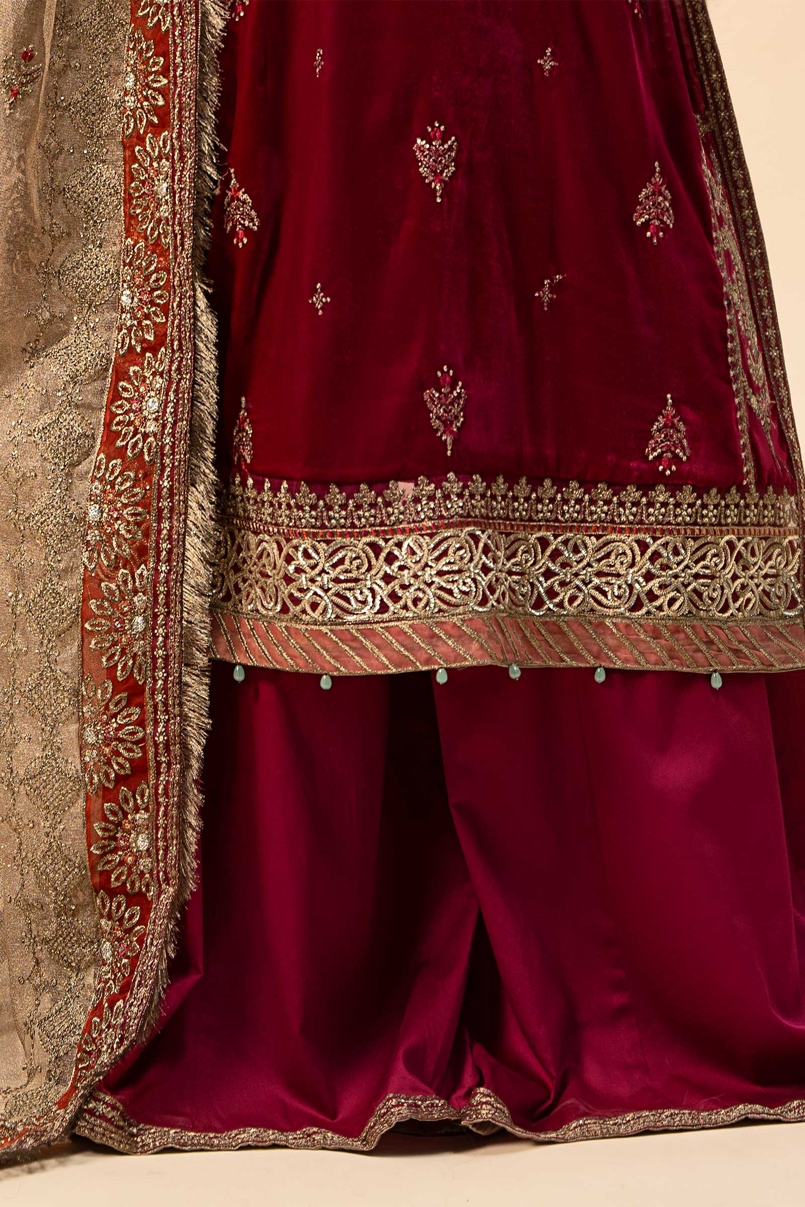 Pakistani Deep Red Embroidered Velvet Sharara Suit (3-Piece) - Image 10