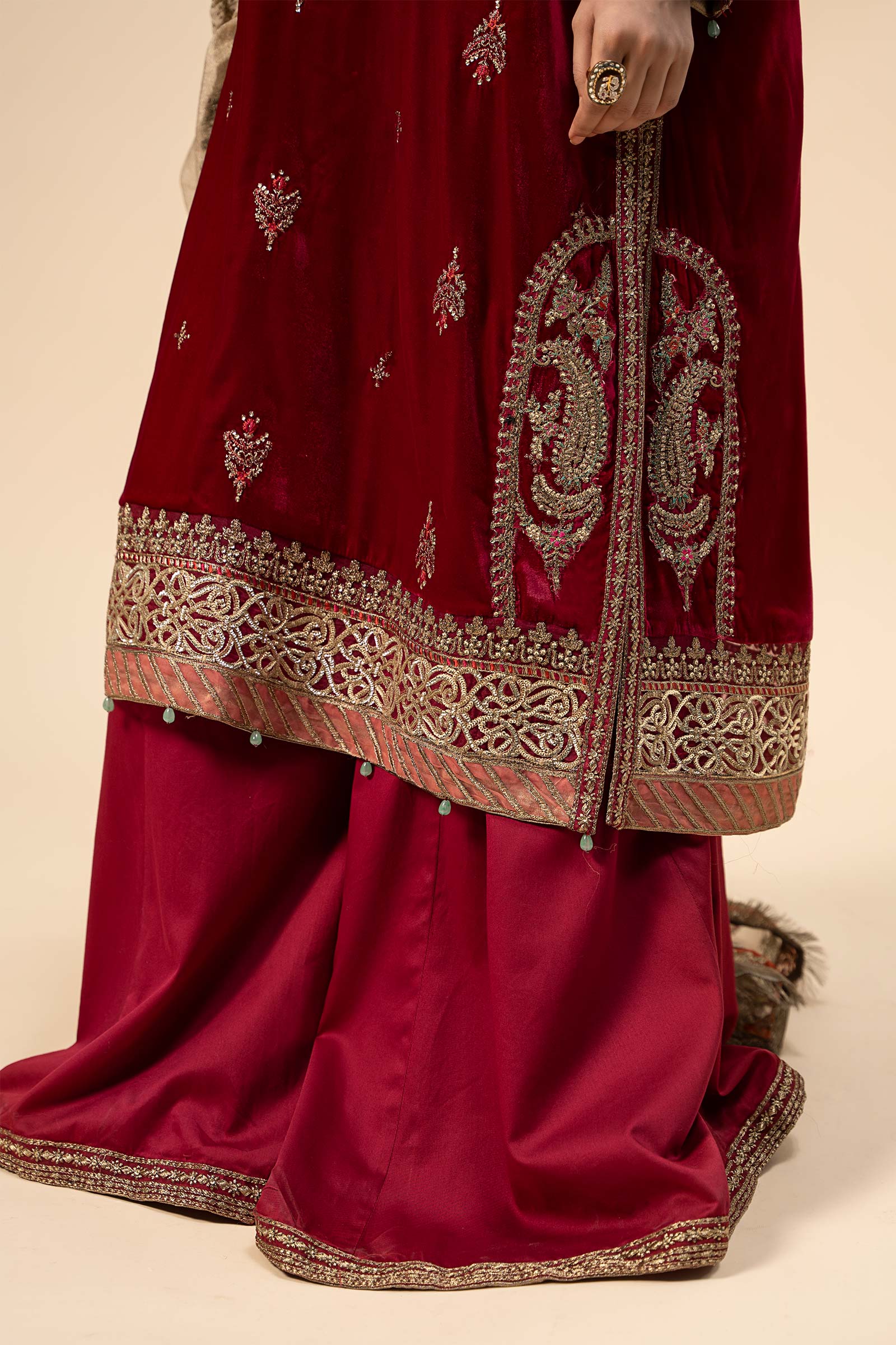 Pakistani Deep Red Embroidered Velvet Sharara Suit (3-Piece) - Image 11
