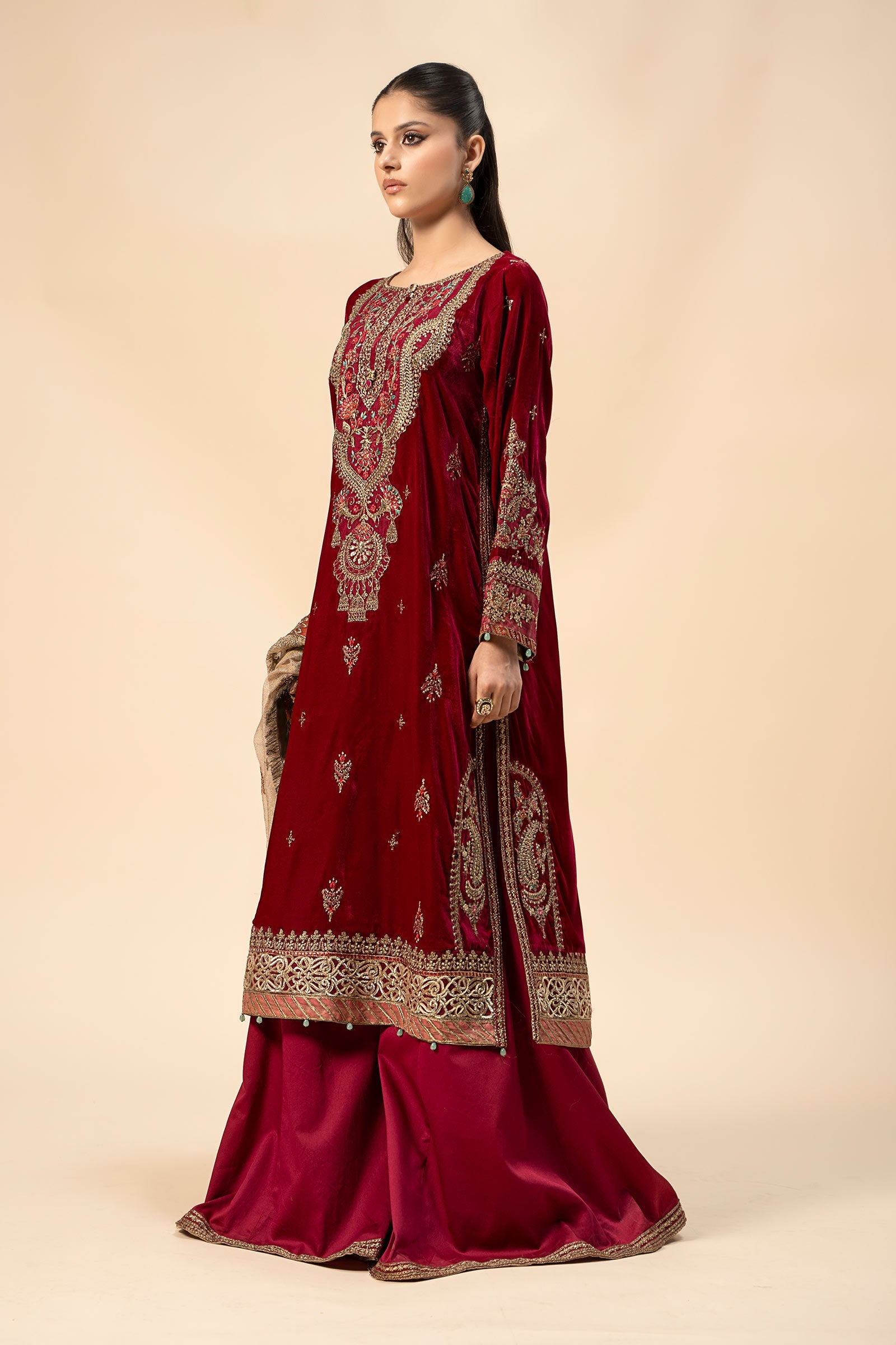 Pakistani Deep Red Embroidered Velvet Sharara Suit (3-Piece) - Image 12