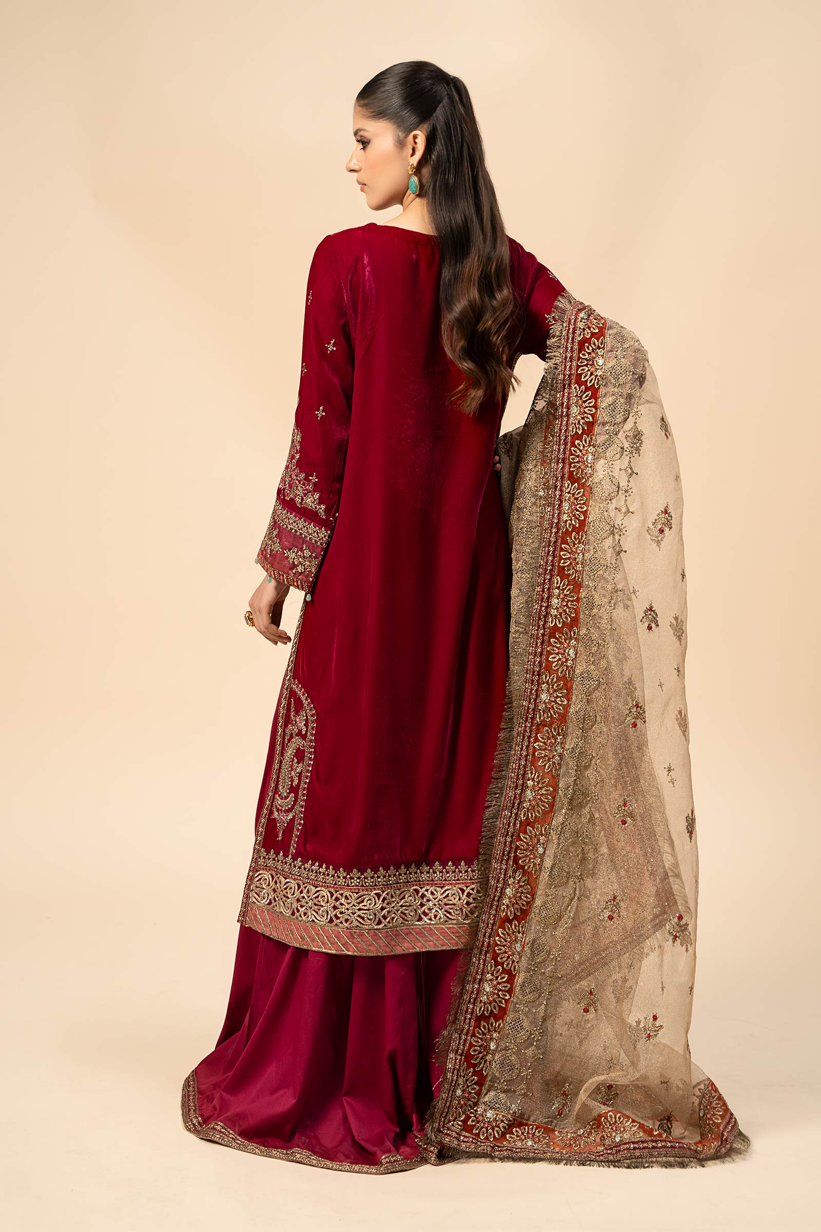 Pakistani Deep Red Embroidered Velvet Sharara Suit (3-Piece) - Image 13
