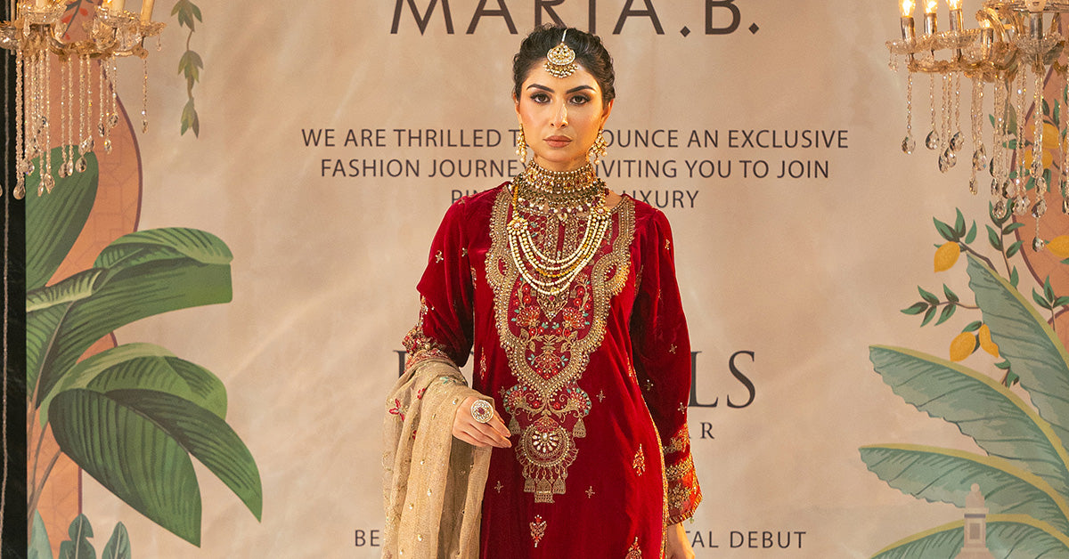 Pakistani Deep Red Embroidered Velvet Sharara Suit (3-Piece) - Image 14