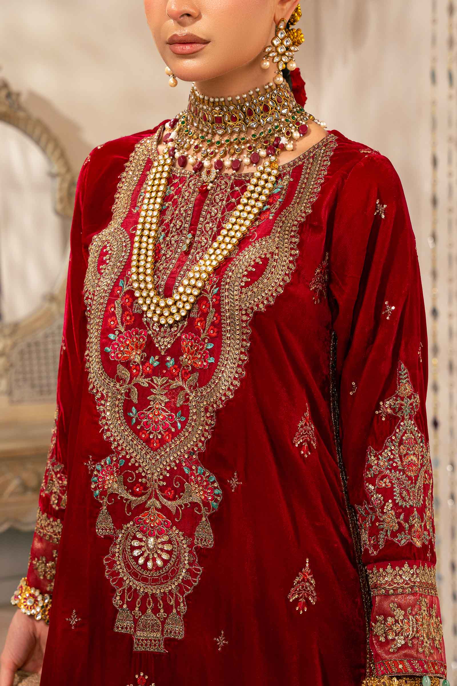 Pakistani Deep Red Embroidered Velvet Sharara Suit (3-Piece) - Image 3