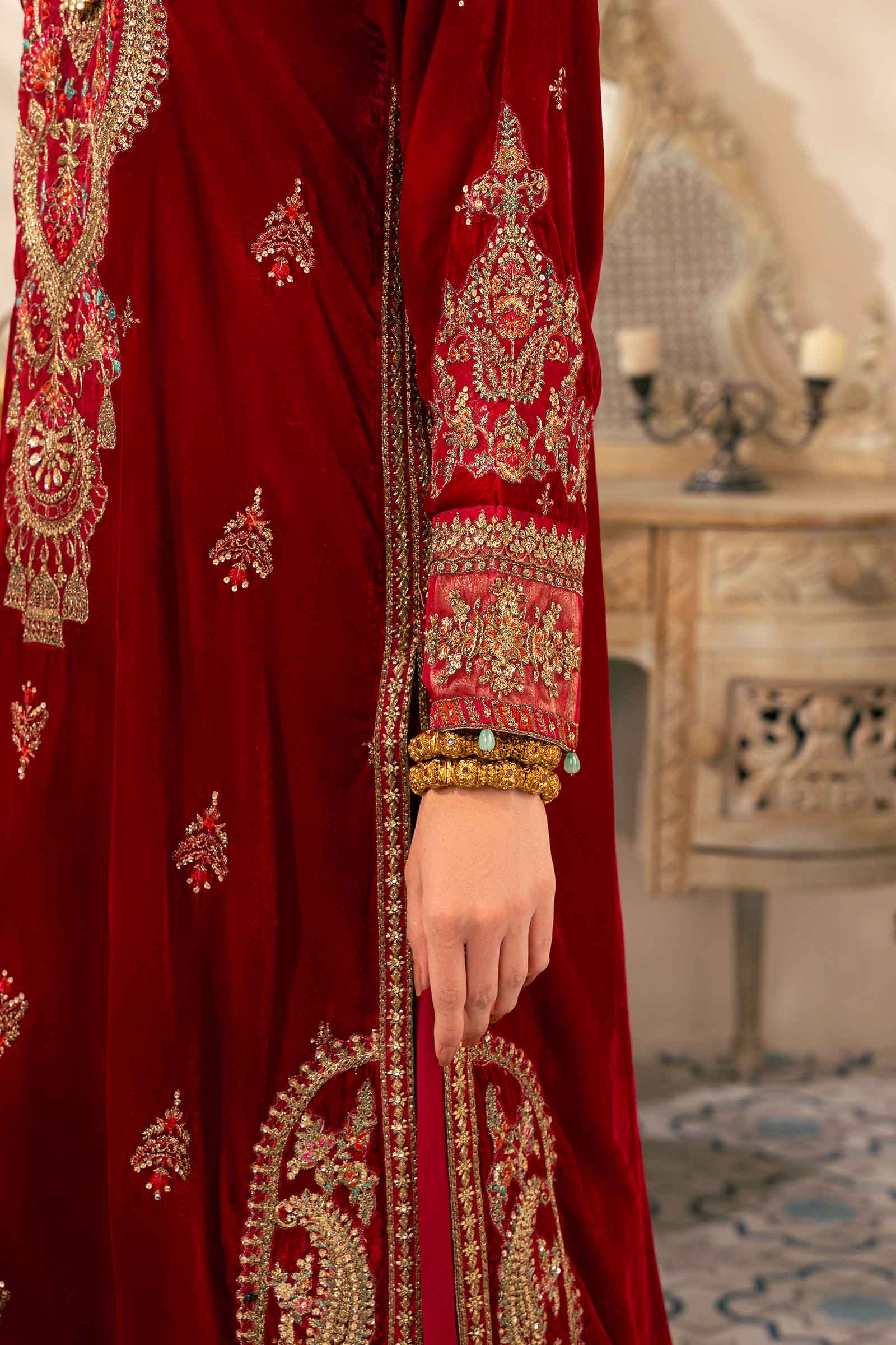 Pakistani Deep Red Embroidered Velvet Sharara Suit (3-Piece) - Image 5