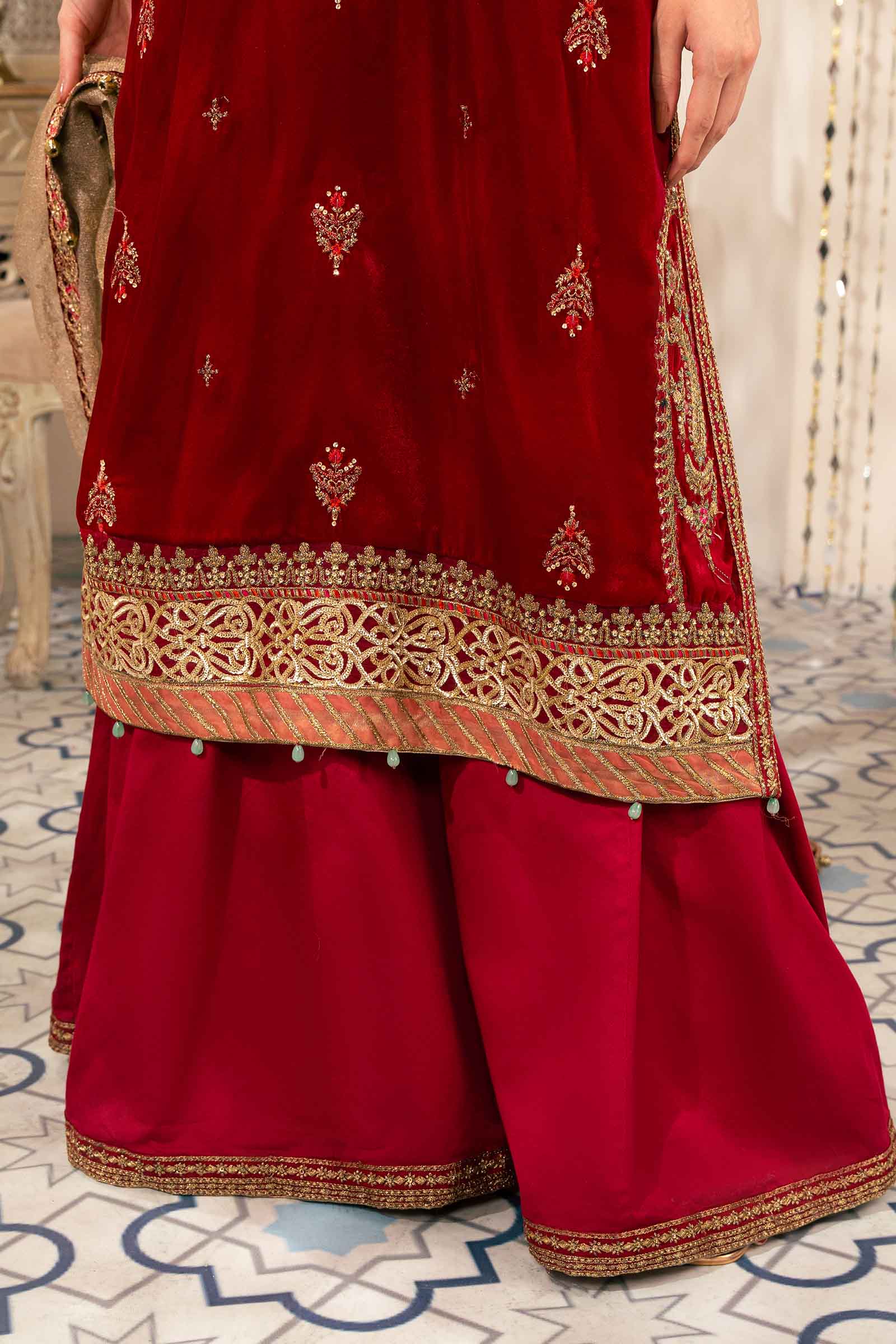 Pakistani Deep Red Embroidered Velvet Sharara Suit (3-Piece) - Image 6