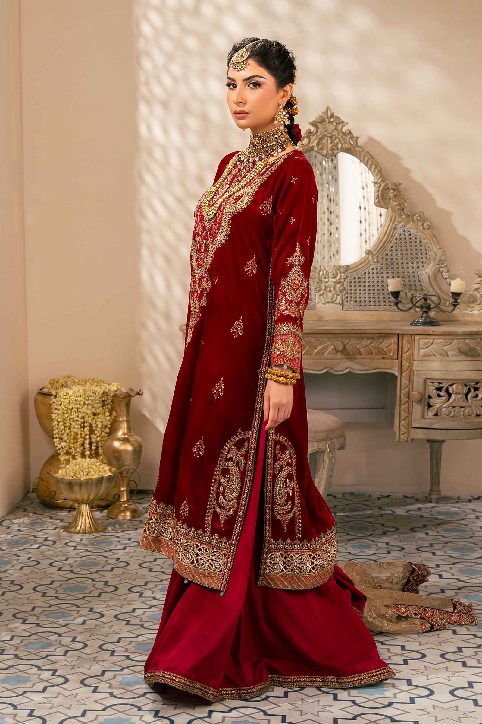 Pakistani Deep Red Embroidered Velvet Sharara Suit (3-Piece) - Image 7