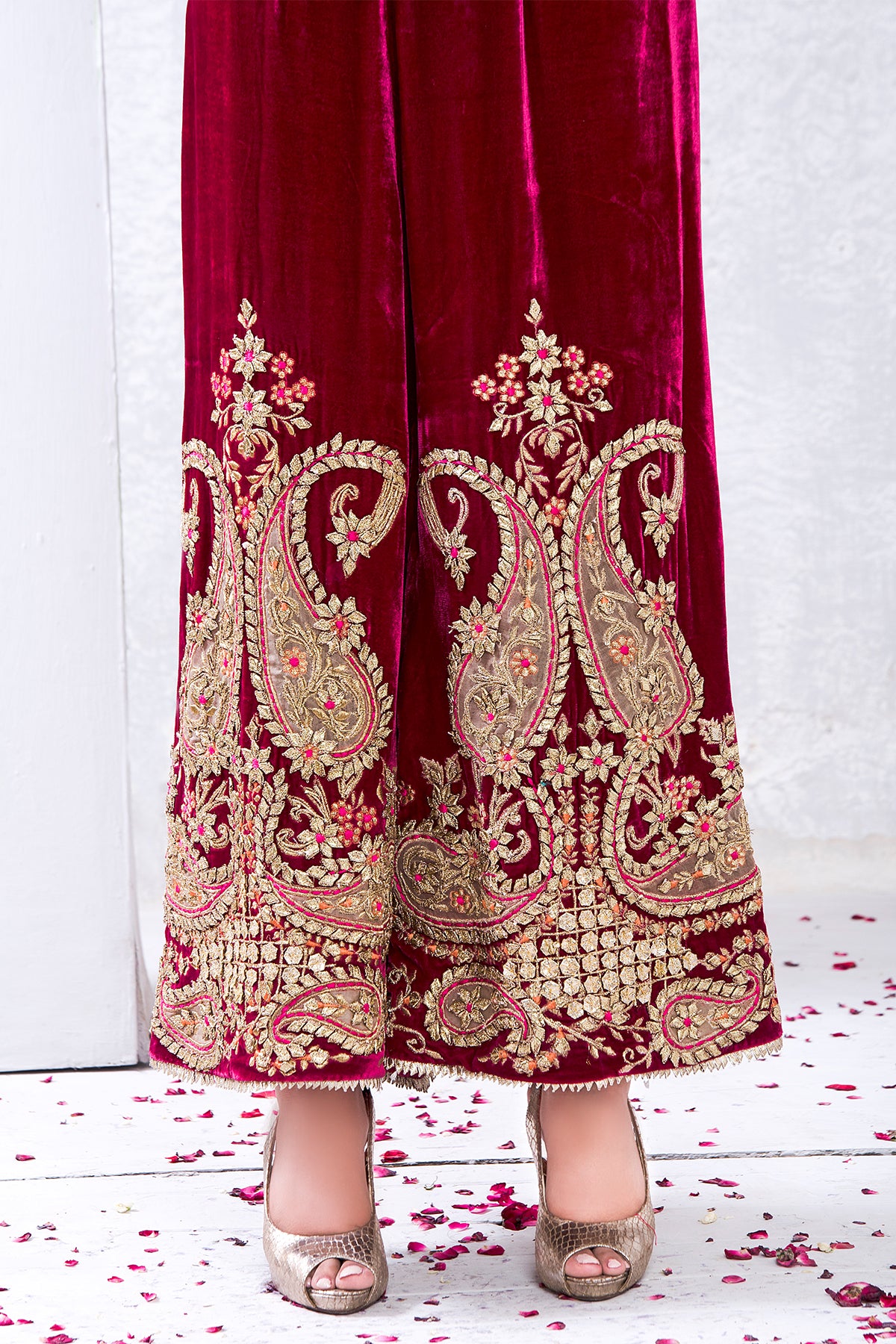 Pakistani Deep Red Gota Embroidered Velvet Sharara Pants (1-Pc) - Image 1