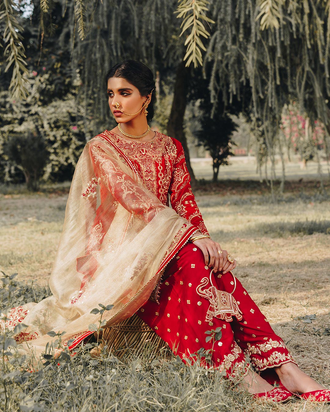 Red Velvet Embroidered Sharara Set (3-Piece) - Image 4