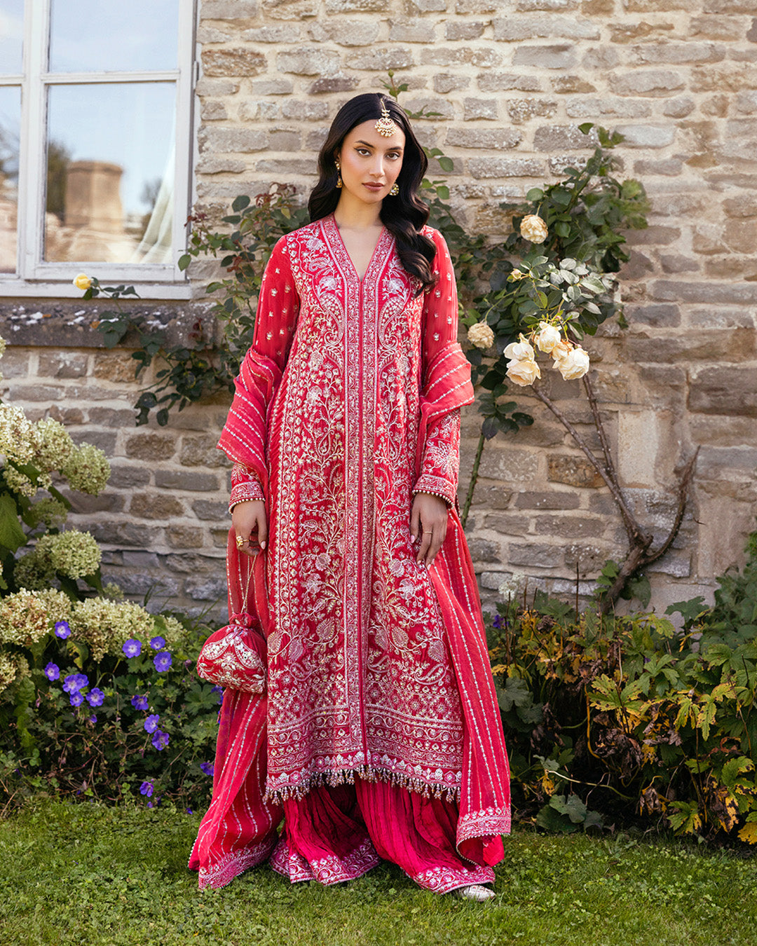 Coral Red Embroidered Velvet Sharara (3-Piece) - Image 1