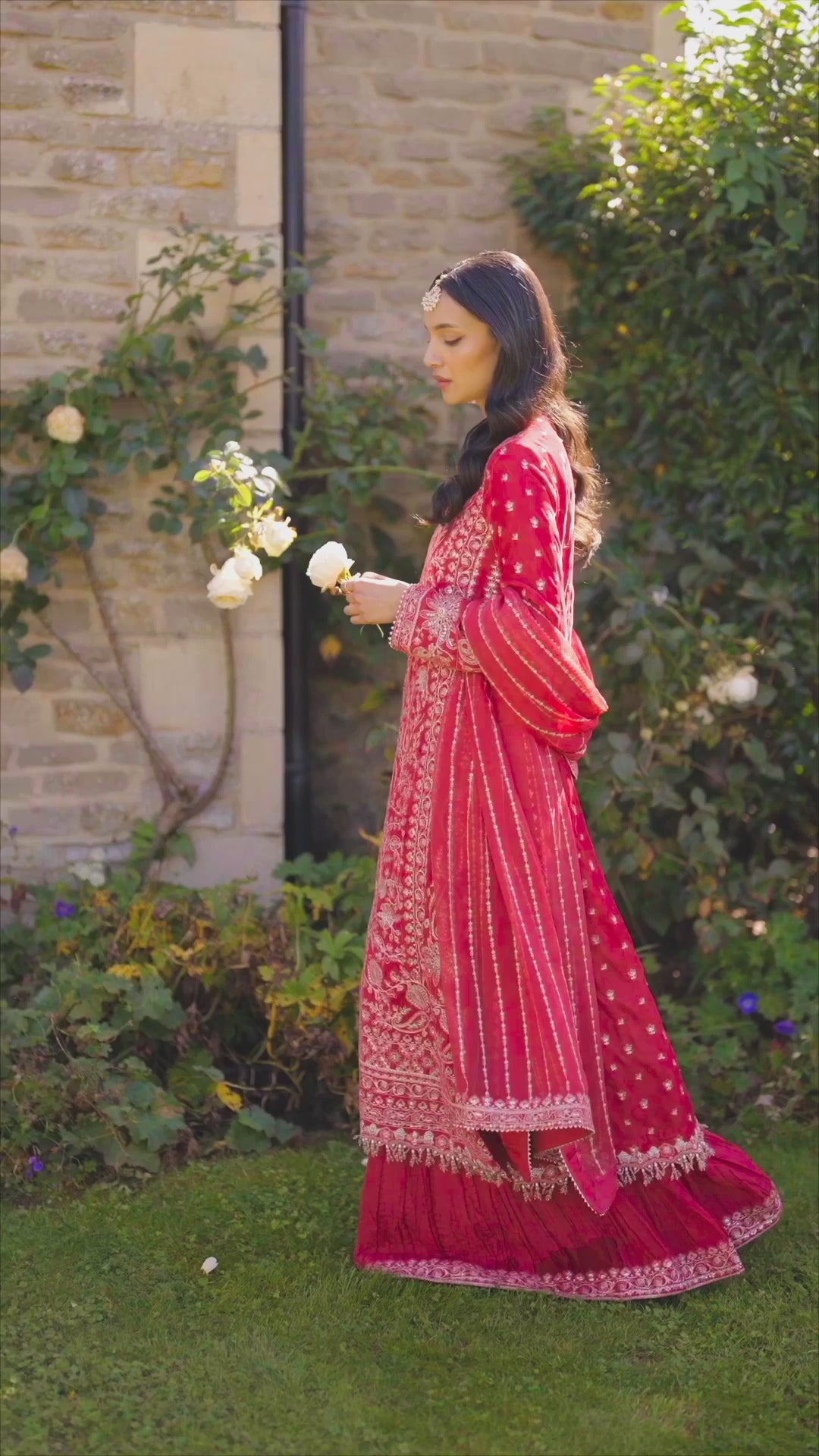 Coral Red Embroidered Velvet Sharara (3-Piece) - Image 7