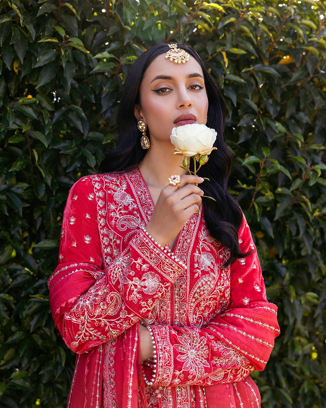 Coral Red Embroidered Velvet & Silk Sharara (3-Piece) - Image 5