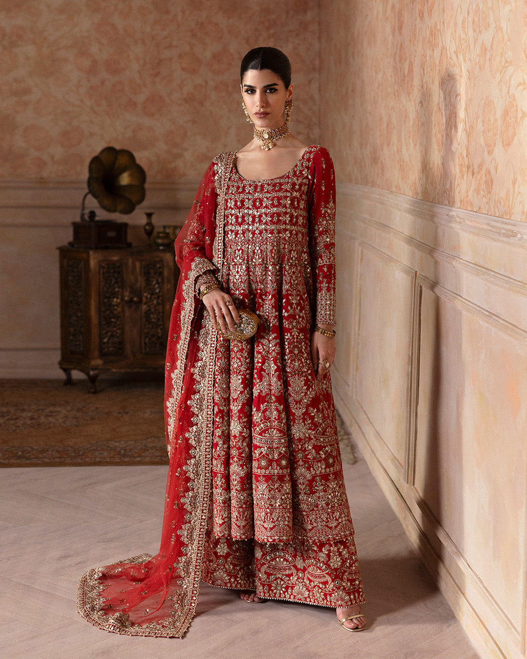 Pakistani Coral Red Embroidered Velvet Sharara (3-Piece) - Image 1