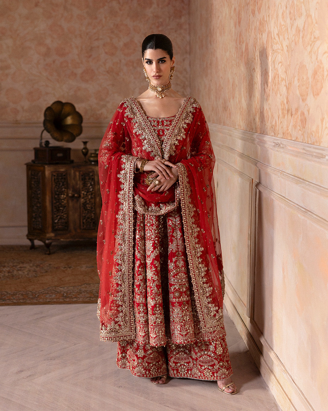 Pakistani Coral Red Embroidered Velvet Sharara (3-Piece) - Image 5