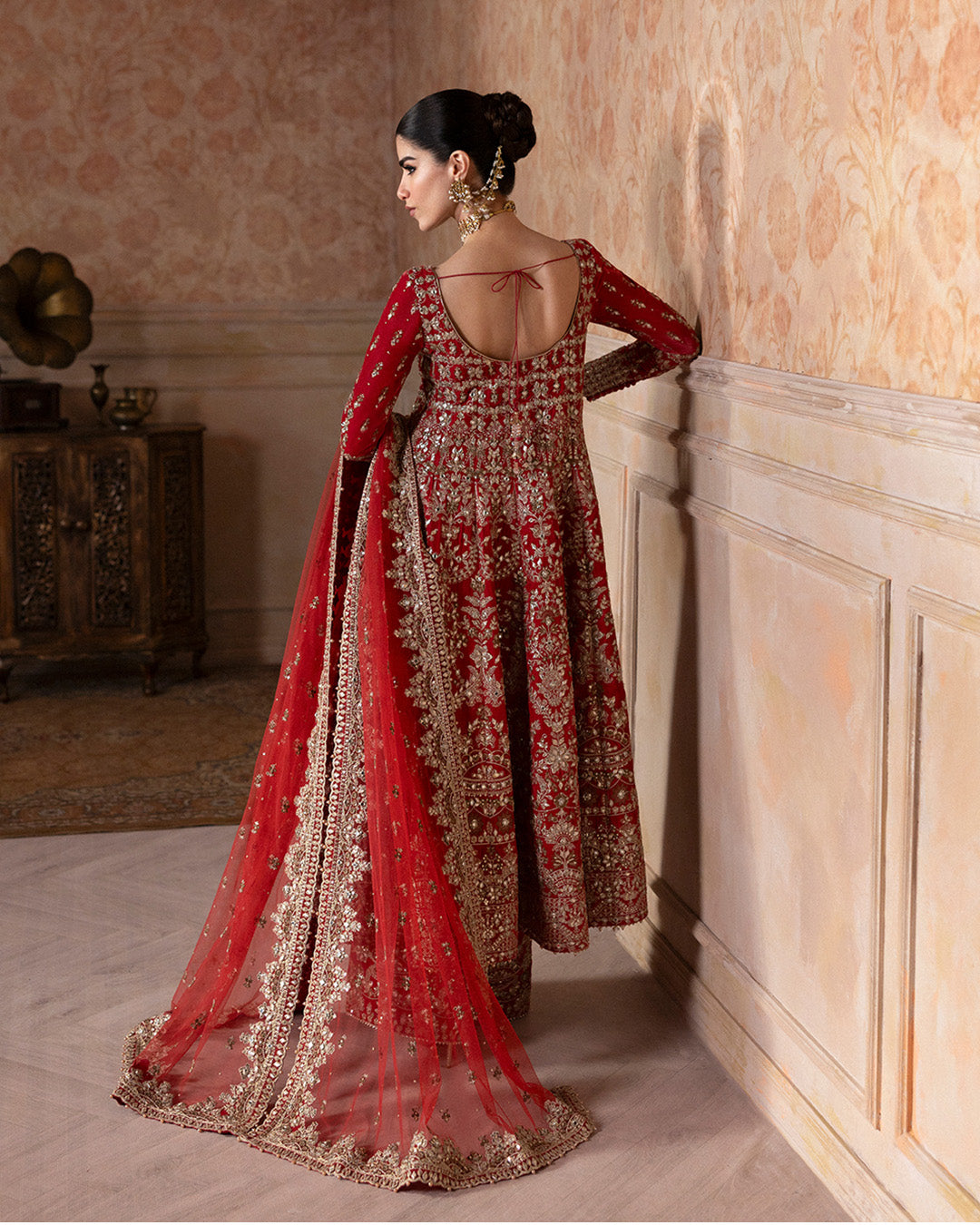Coral Red Embroidered Velvet Sharara Set (3-Piece) - Image 3