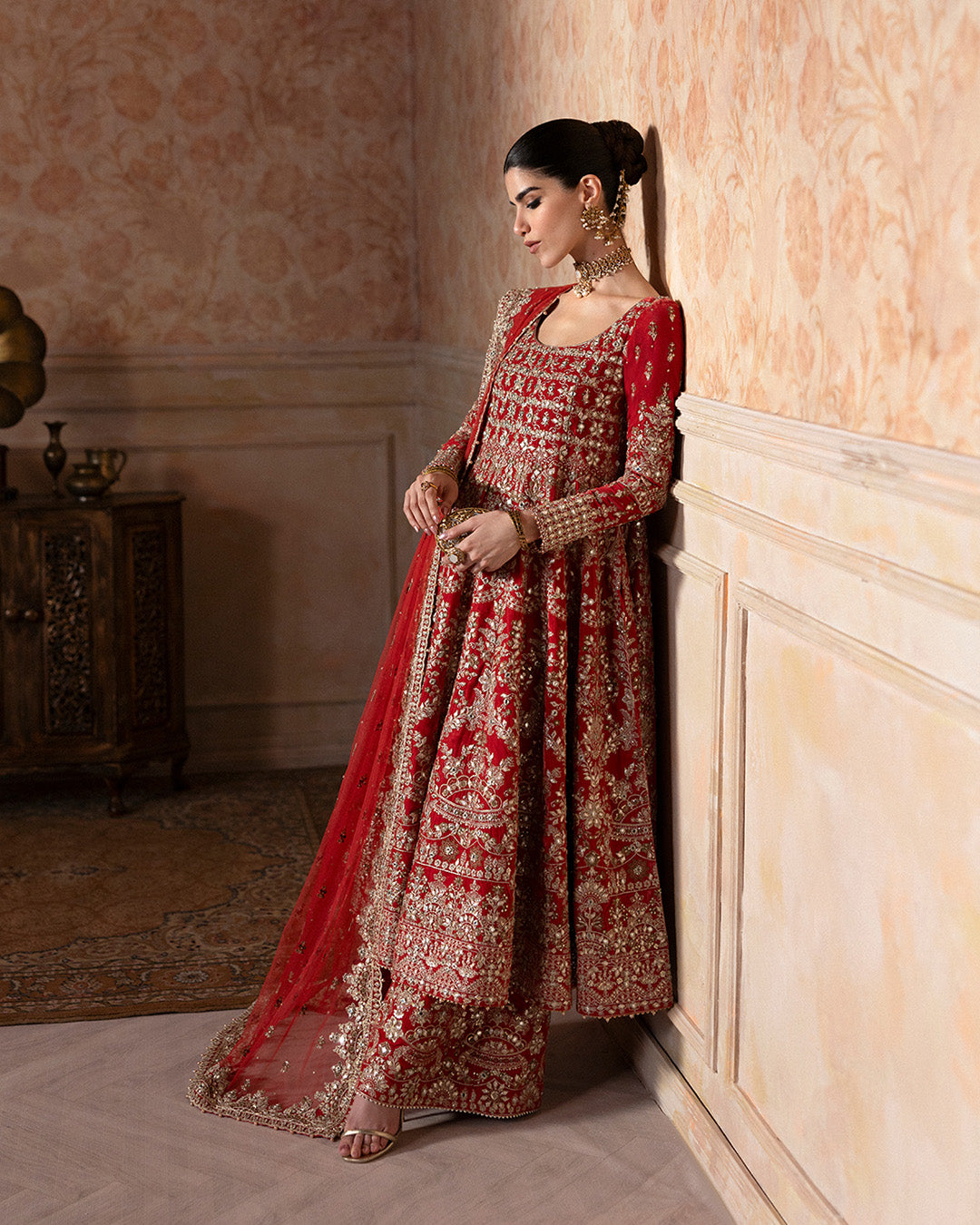 Coral Red Embroidered Velvet Sharara Set (3-Piece) - Image 4