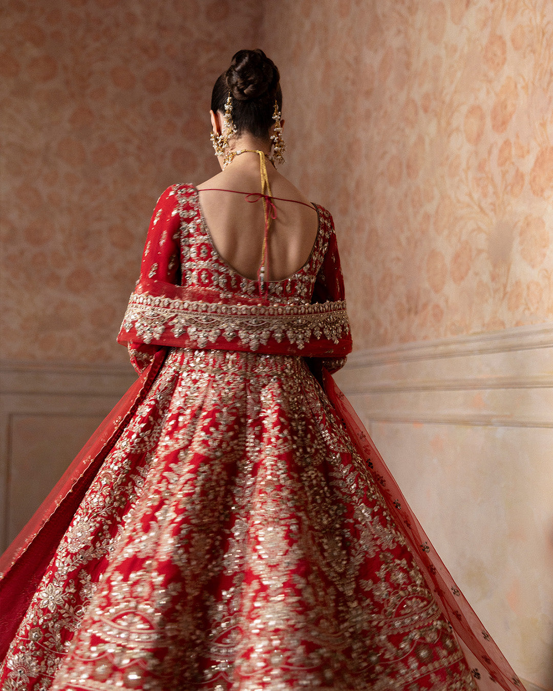 Coral Red Embroidered Velvet Sharara Set (3-Piece) - Image 6