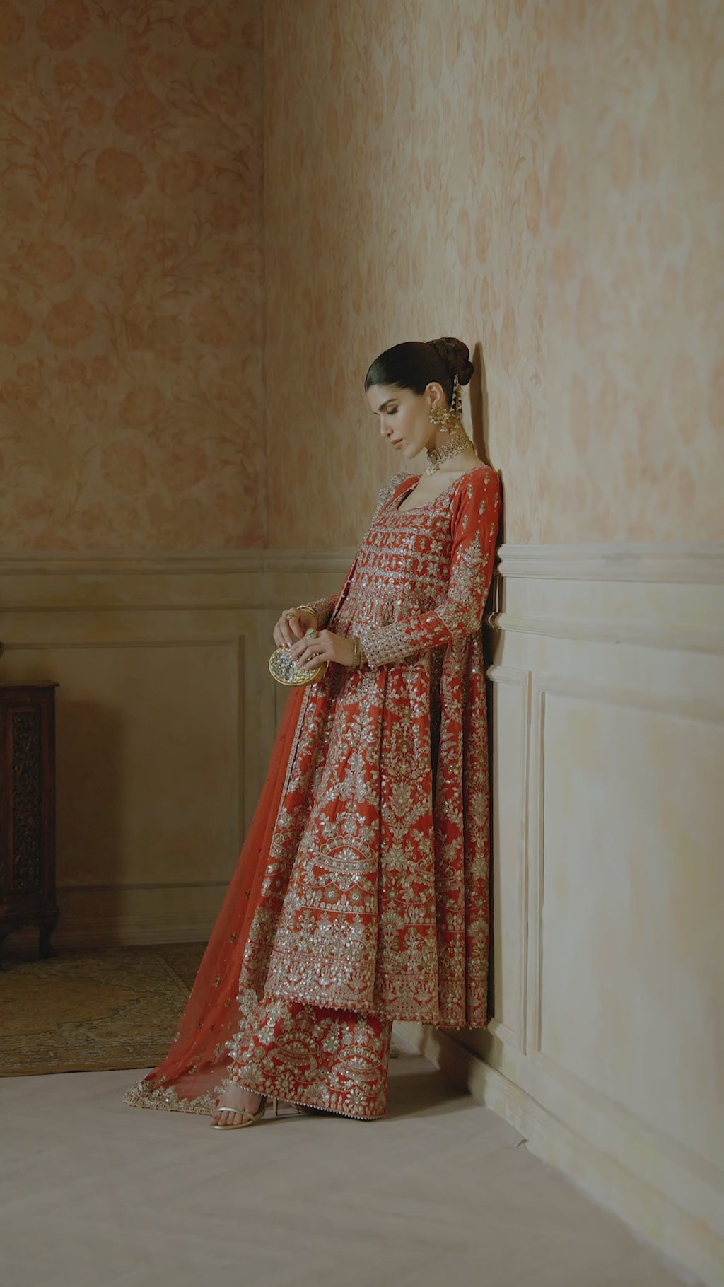 Coral Red Embroidered Velvet Sharara Set (3-Piece) - Image 7