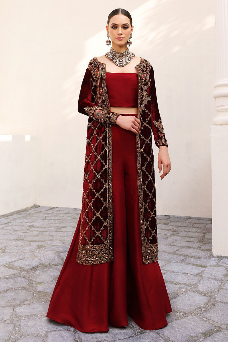Cherry Red Handworked Velvet Jacket with Sharara (3-Piece) - Image 1