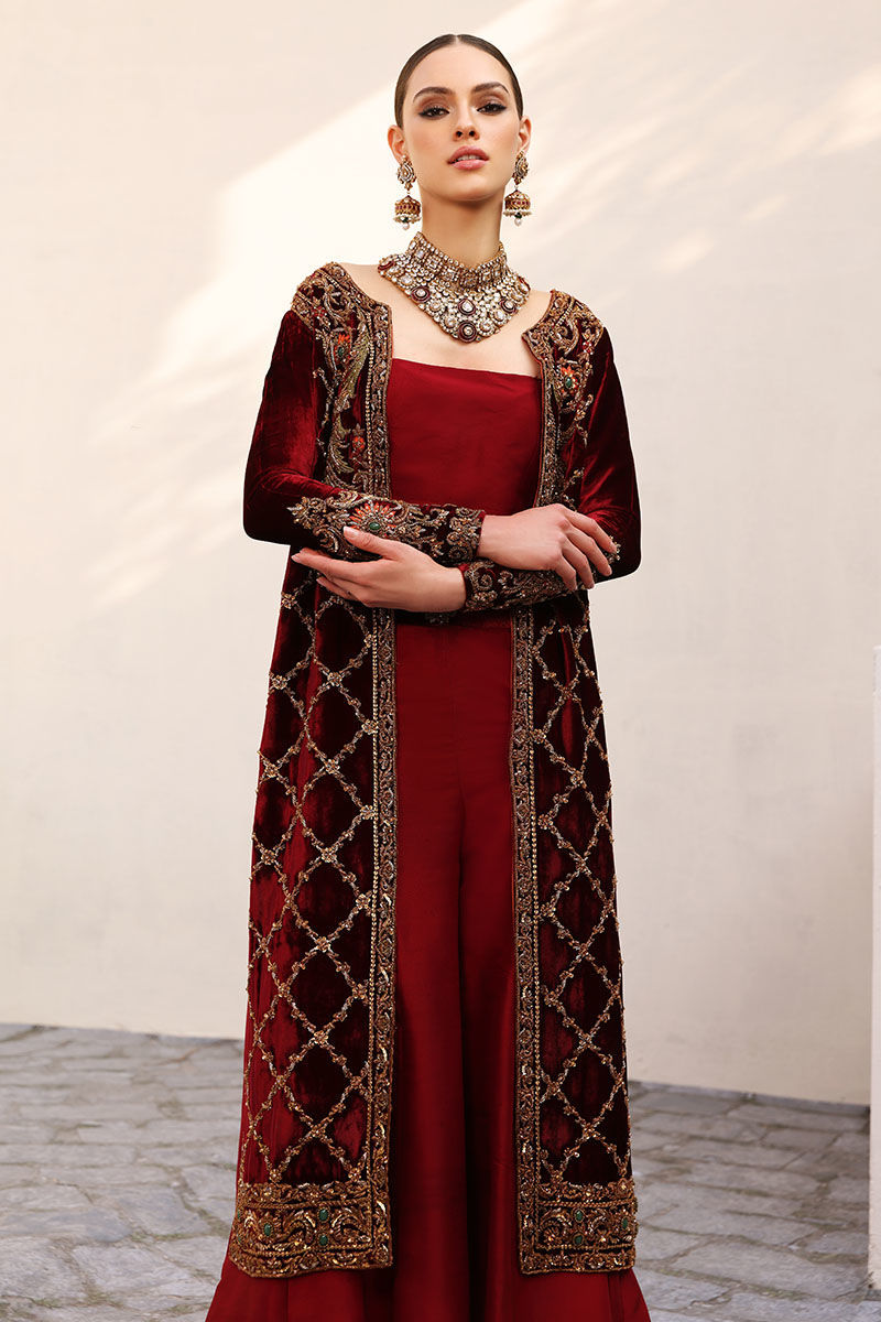 Cherry Red Handworked Velvet Jacket with Sharara (3-Piece) - Image 2