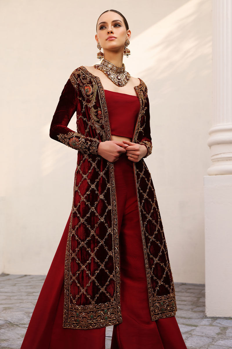 Cherry Red Handworked Velvet Jacket with Sharara (3-Piece) - Image 4