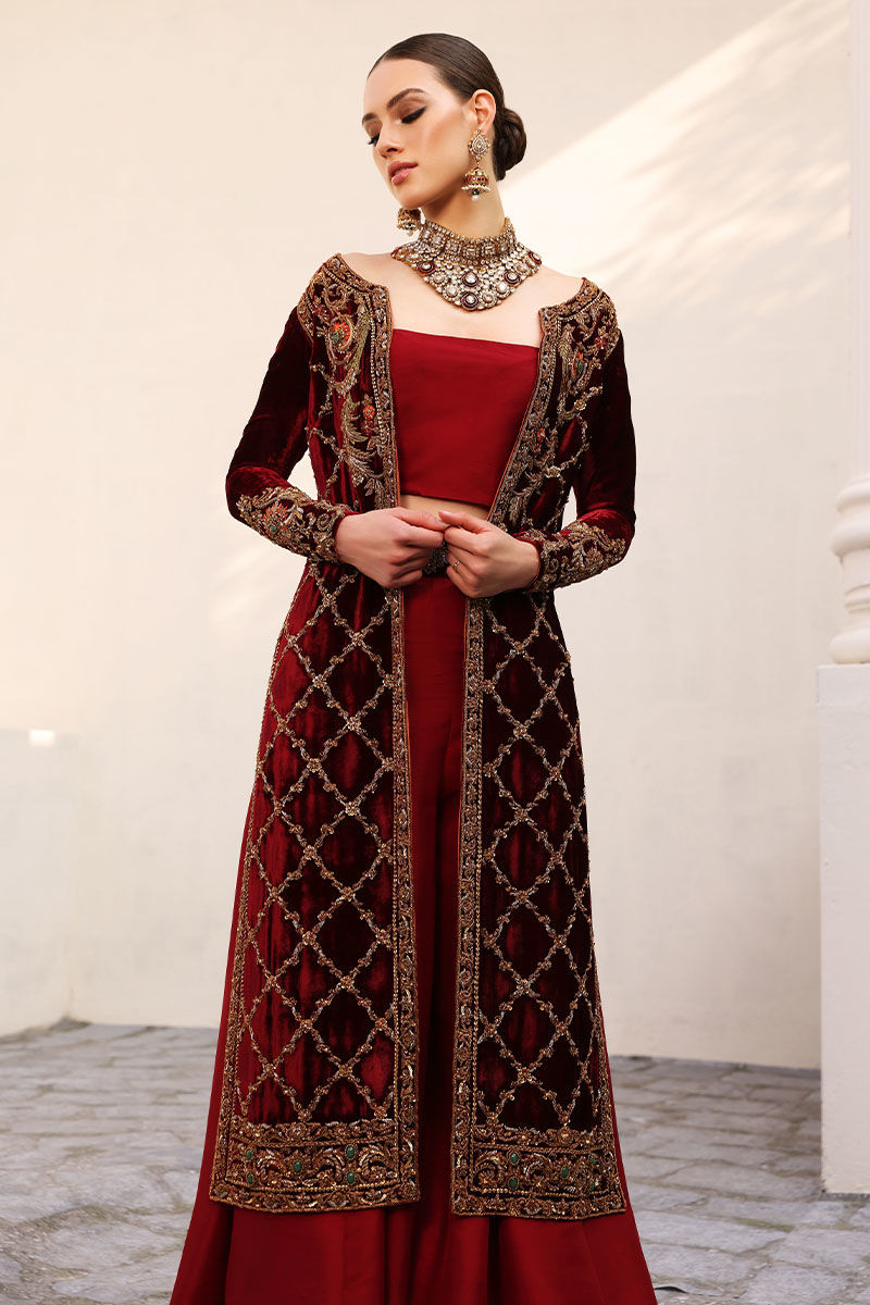 Cherry Red Handworked Velvet Jacket with Sharara (3-Piece) - Image 5