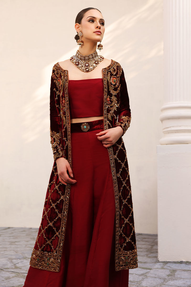 Cherry Red Handworked Velvet Jacket with Sharara (3-Piece) - Image 6
