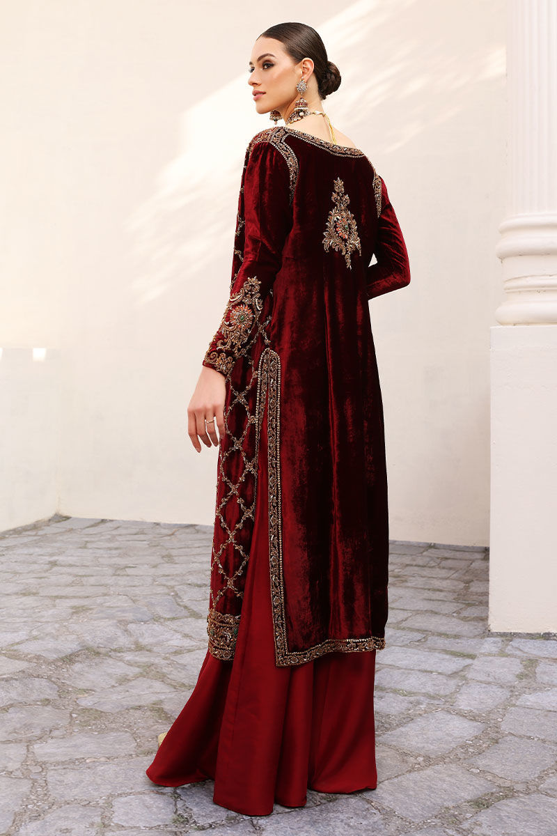 Cherry Red Handworked Velvet Jacket with Sharara (3-Piece) - Image 7