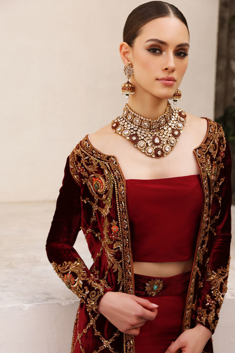 Cherry Red Handworked Velvet Jacket with Sharara (3-Piece) - Image 8