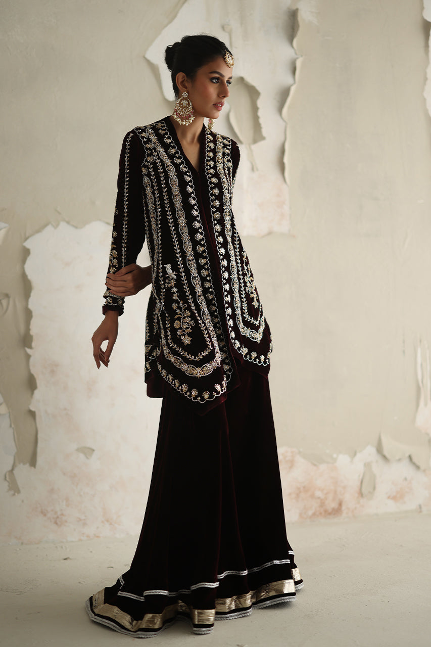 Vine Red Zardozi Velvet Sharara (3-Piece) - Image 1