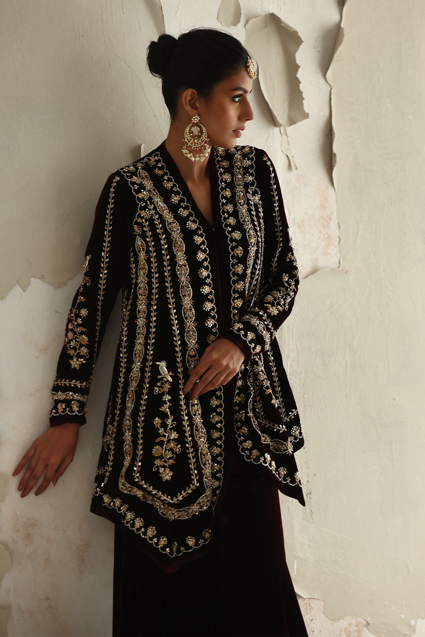 Vine Red Zardozi Velvet Sharara (3-Piece) - Image 2