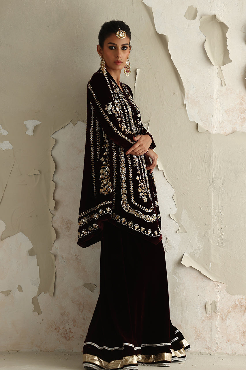 Vine Red Zardozi Velvet Sharara (3-Piece) - Image 3