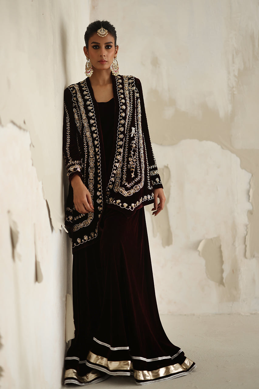 Vine Red Zardozi Velvet Sharara (3-Piece) - Image 4