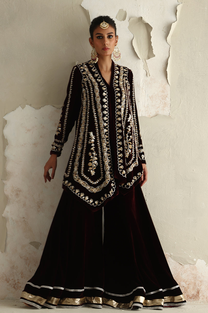 Vine Red Zardozi Velvet Sharara (3-Piece) - Image 5