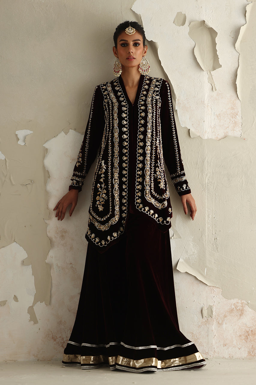 Vine Red Zardozi Velvet Sharara (3-Piece) - Image 6