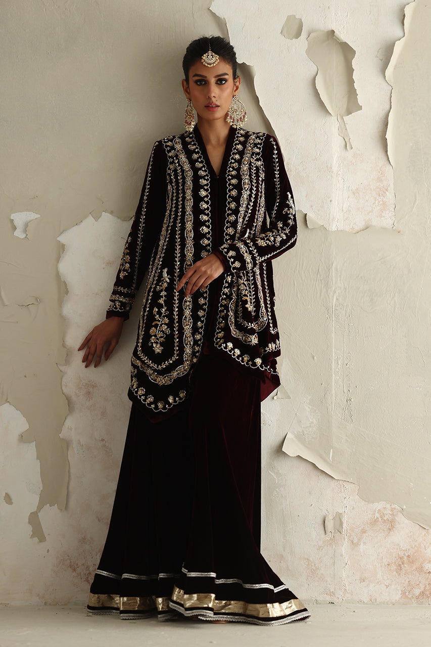 Vine Red Zardozi Velvet Sharara (3-Piece) - Image 7