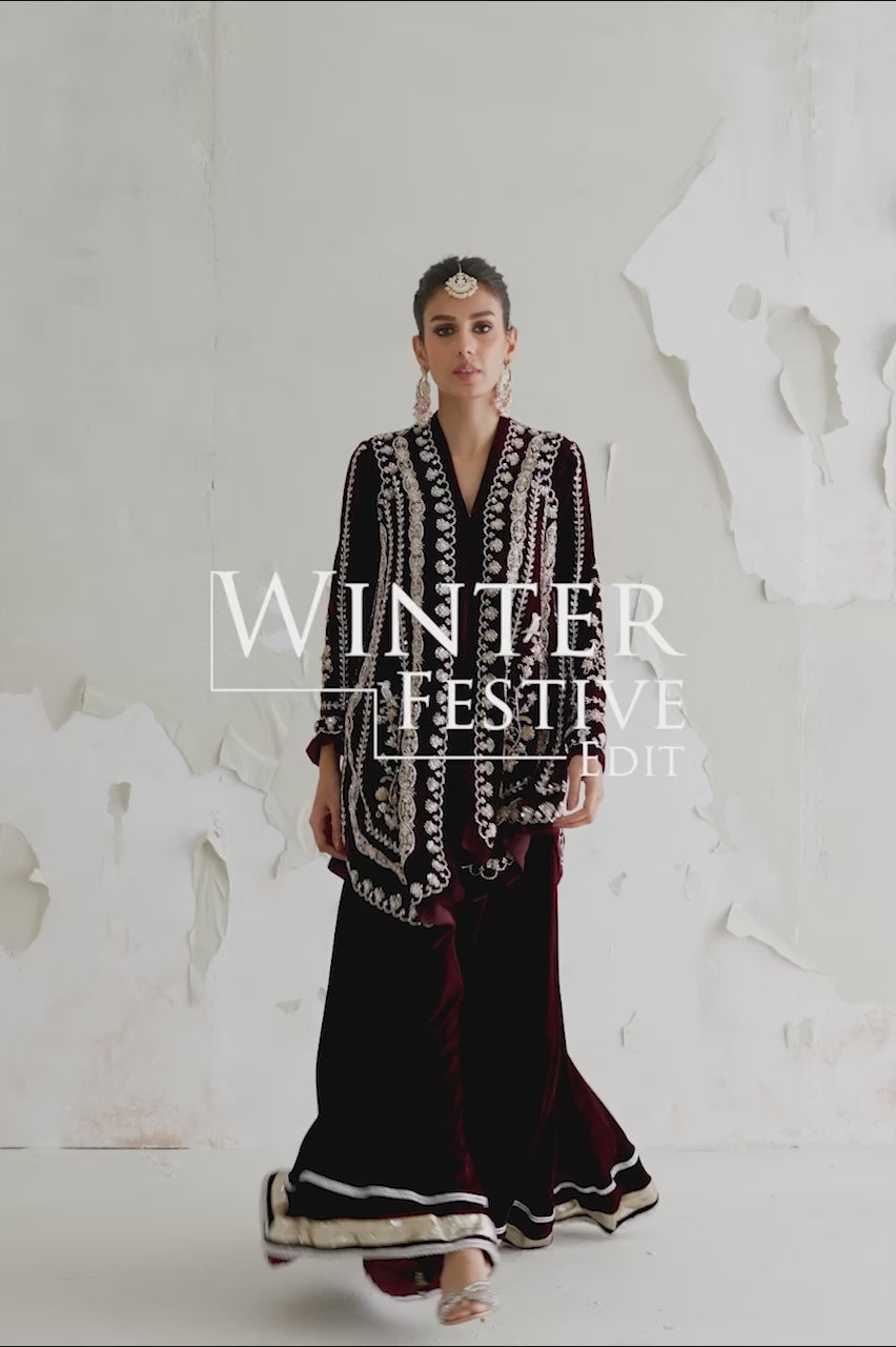 Vine Red Zardozi Velvet Sharara (3-Piece) - Image 8