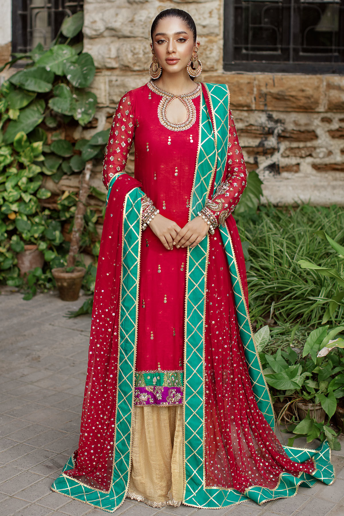Pakistani Cheery Red Zardozi Zari Net Sharara (3-Piece) - Image 1