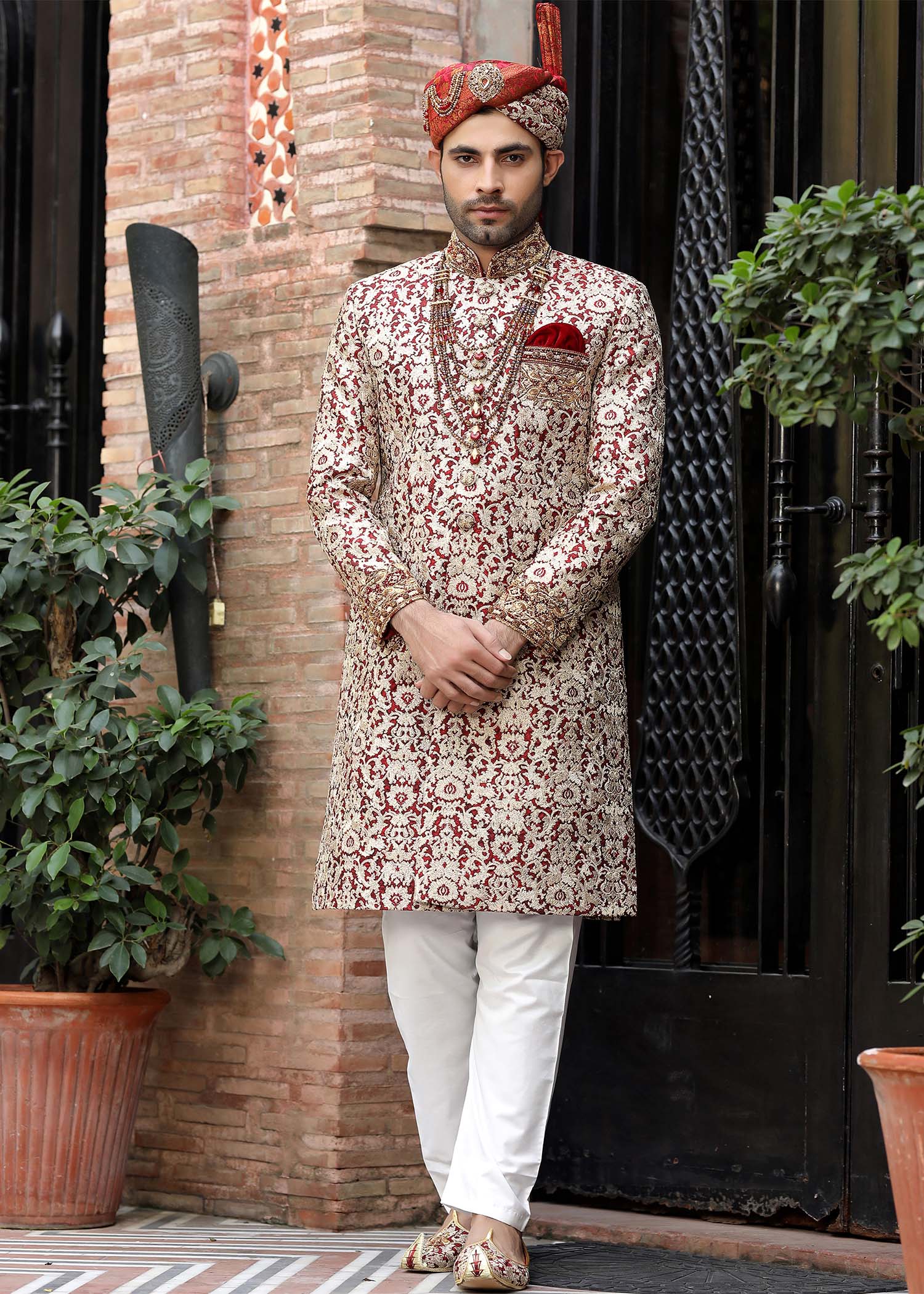 Multi-Red Hand-Embroidered Jamawar Sherwani (5-Piece) - Image 1