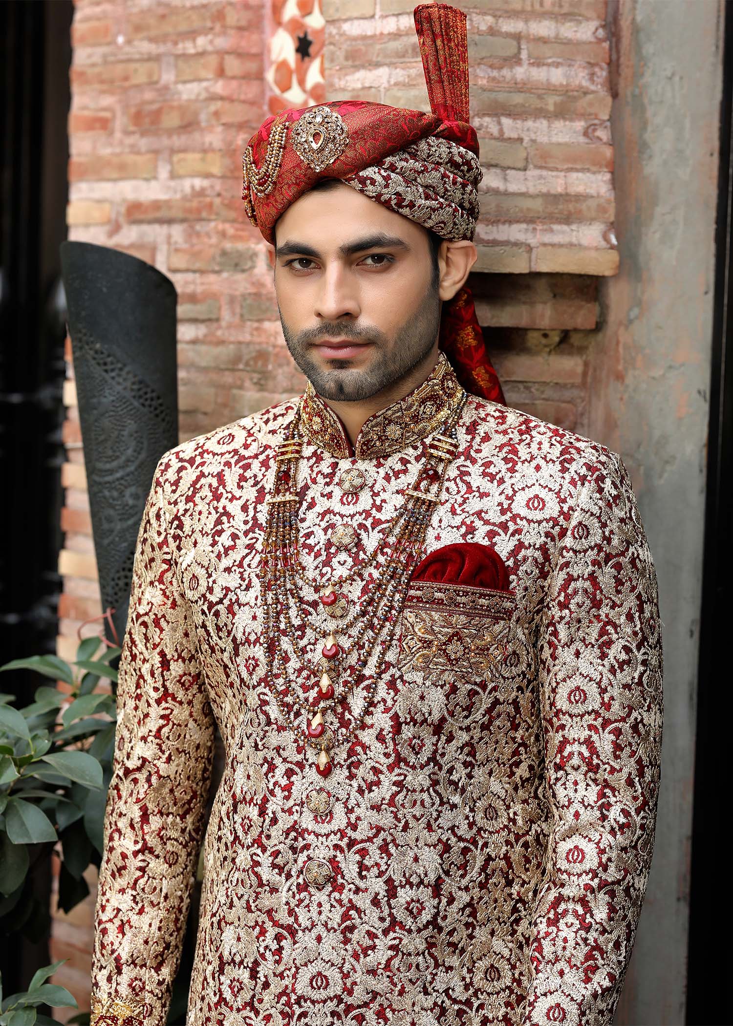 Multi-Red Hand-Embroidered Jamawar Sherwani (5-Piece) - Image 2