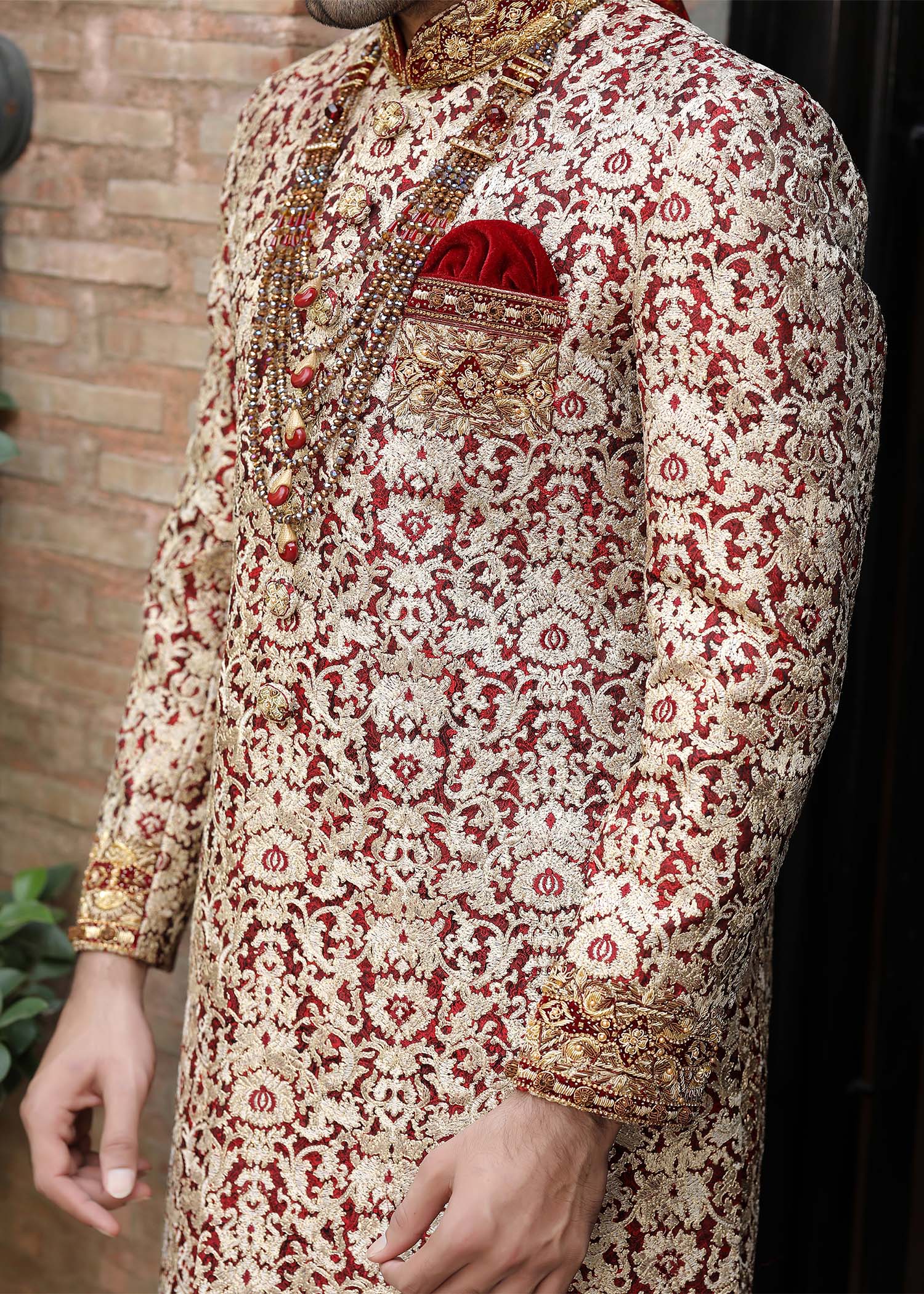 Multi-Red Hand-Embroidered Jamawar Sherwani (5-Piece) - Image 3