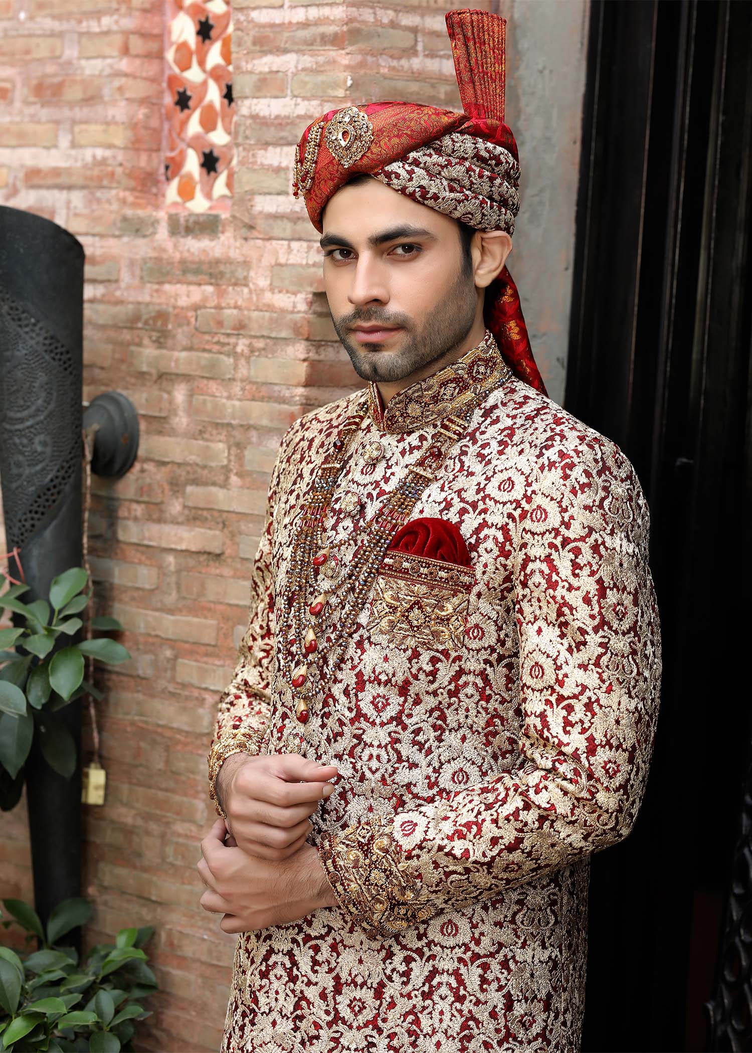 Multi-Red Hand-Embroidered Jamawar Sherwani (5-Piece) - Image 4