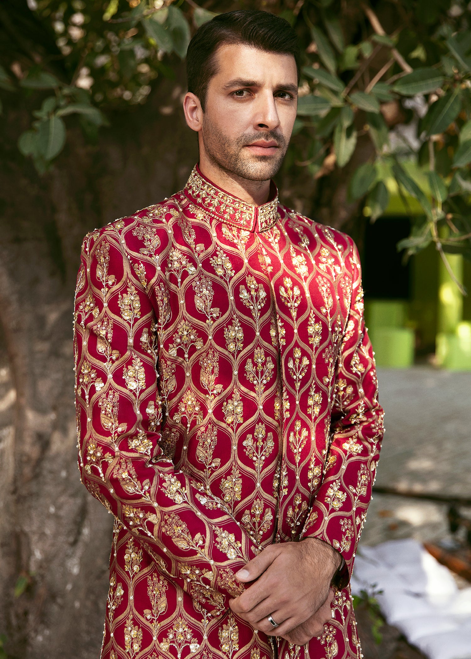 Red Embroidered Raw Silk Sherwani (2-Piece) - Image 2