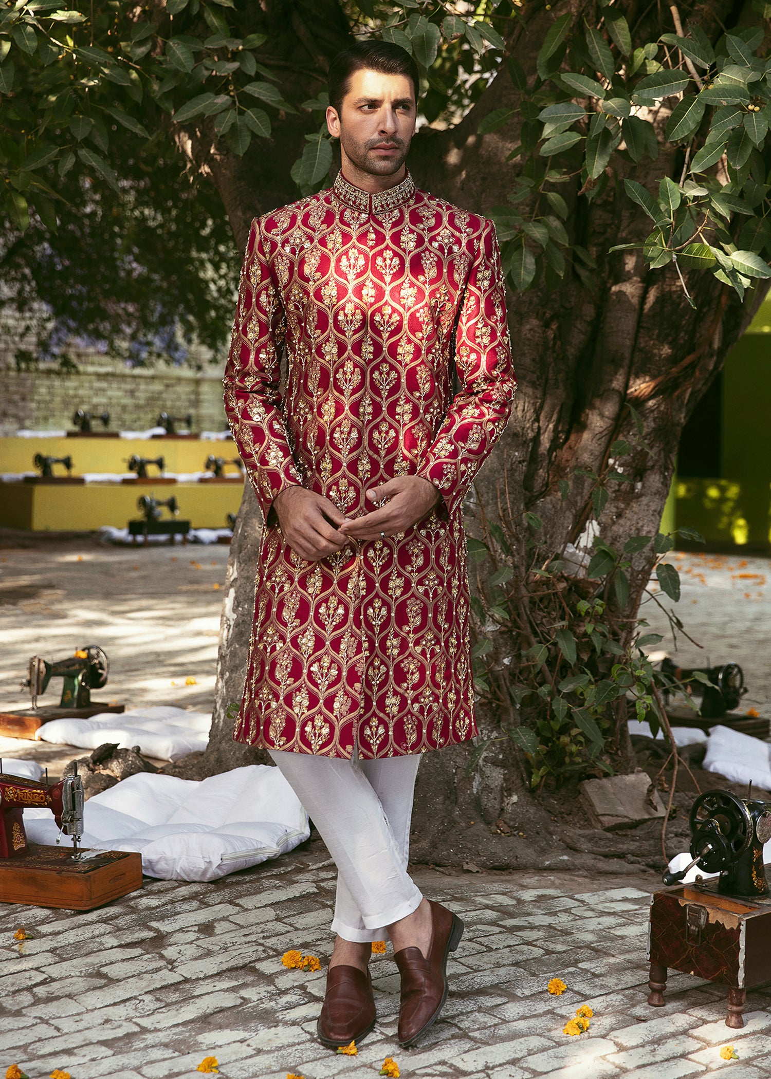 Red Gold Gota Raw Silk Sherwani (2-Piece) - Image 1