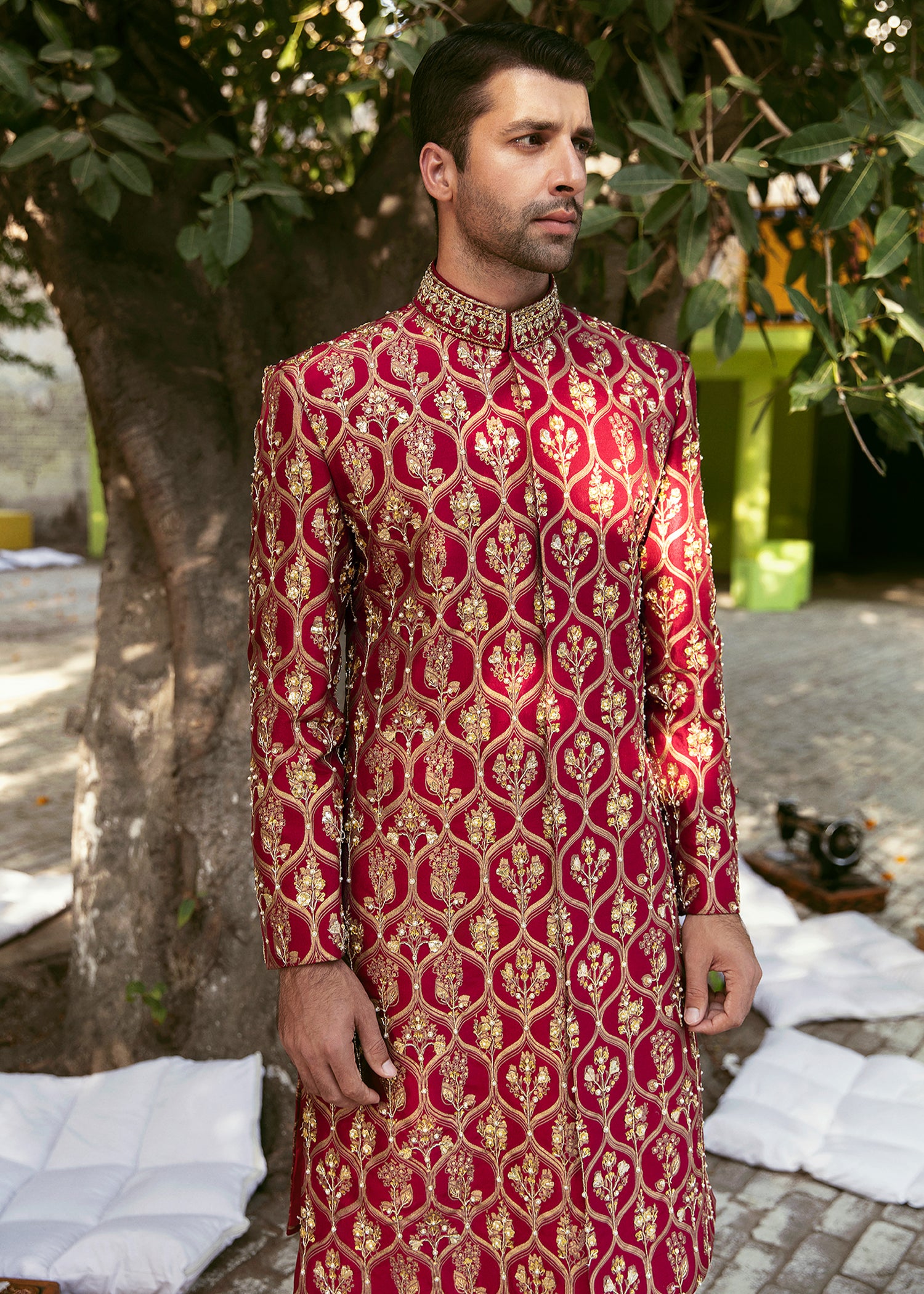 Red Gold Gota Raw Silk Sherwani (2-Piece) - Image 3