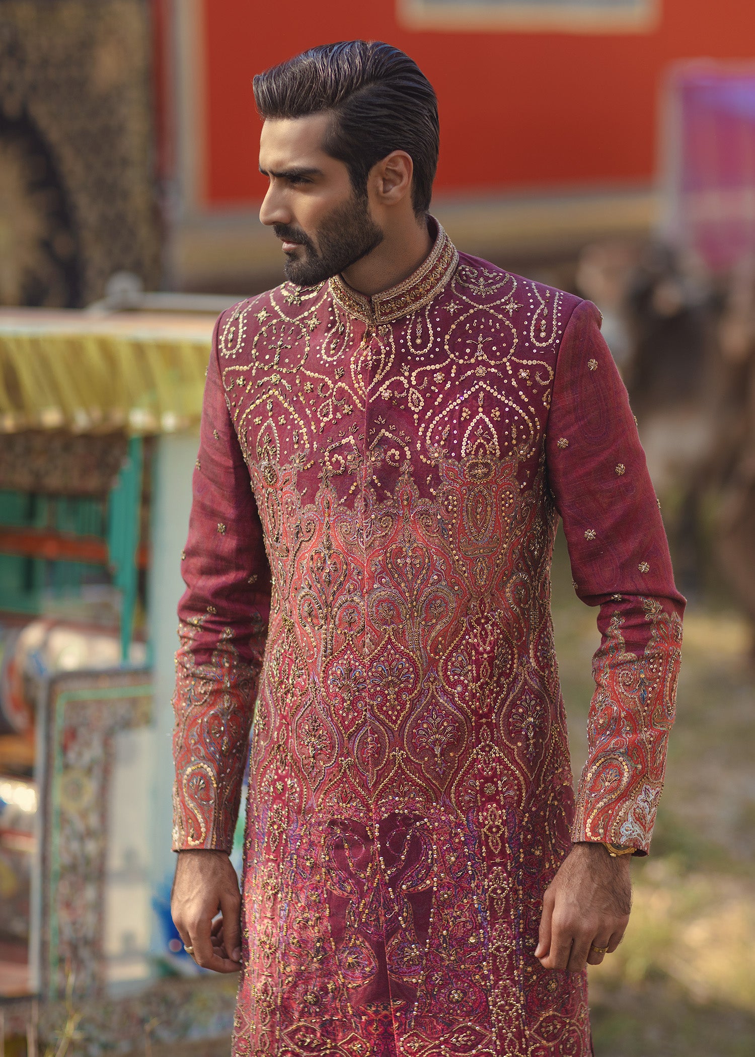 Red and Tangerine Embroidered Silk-Blend Sherwani (2-Piece) - Image 1