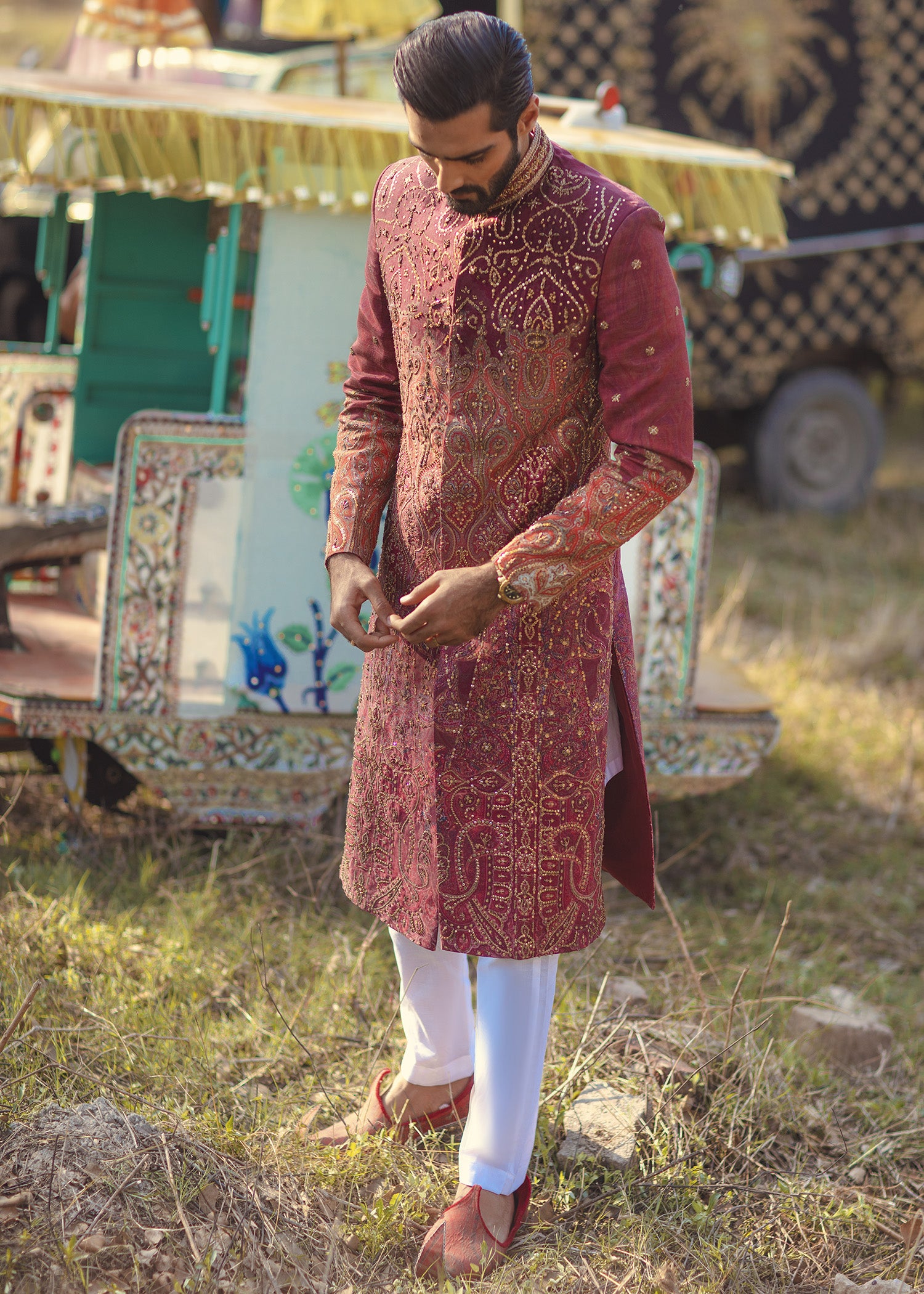 Red and Tangerine Embroidered Silk-Blend Sherwani (2-Piece) - Image 2