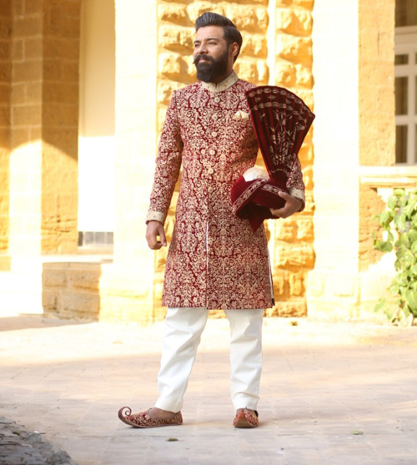 Red Gold Embroidered Velvet Sherwani (3-Piece) - Image 1